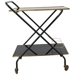 Bar Cart Drinks Cocktail Black Glass Brass Table Trolley, 1960