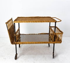 Bar Cart Drinks Cocktail Rattan Table Trolley, France, circa 1950