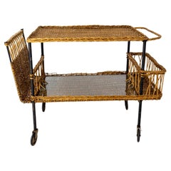Used Bar Cart Drinks Cocktail Rattan Table Trolley, France, circa 1950