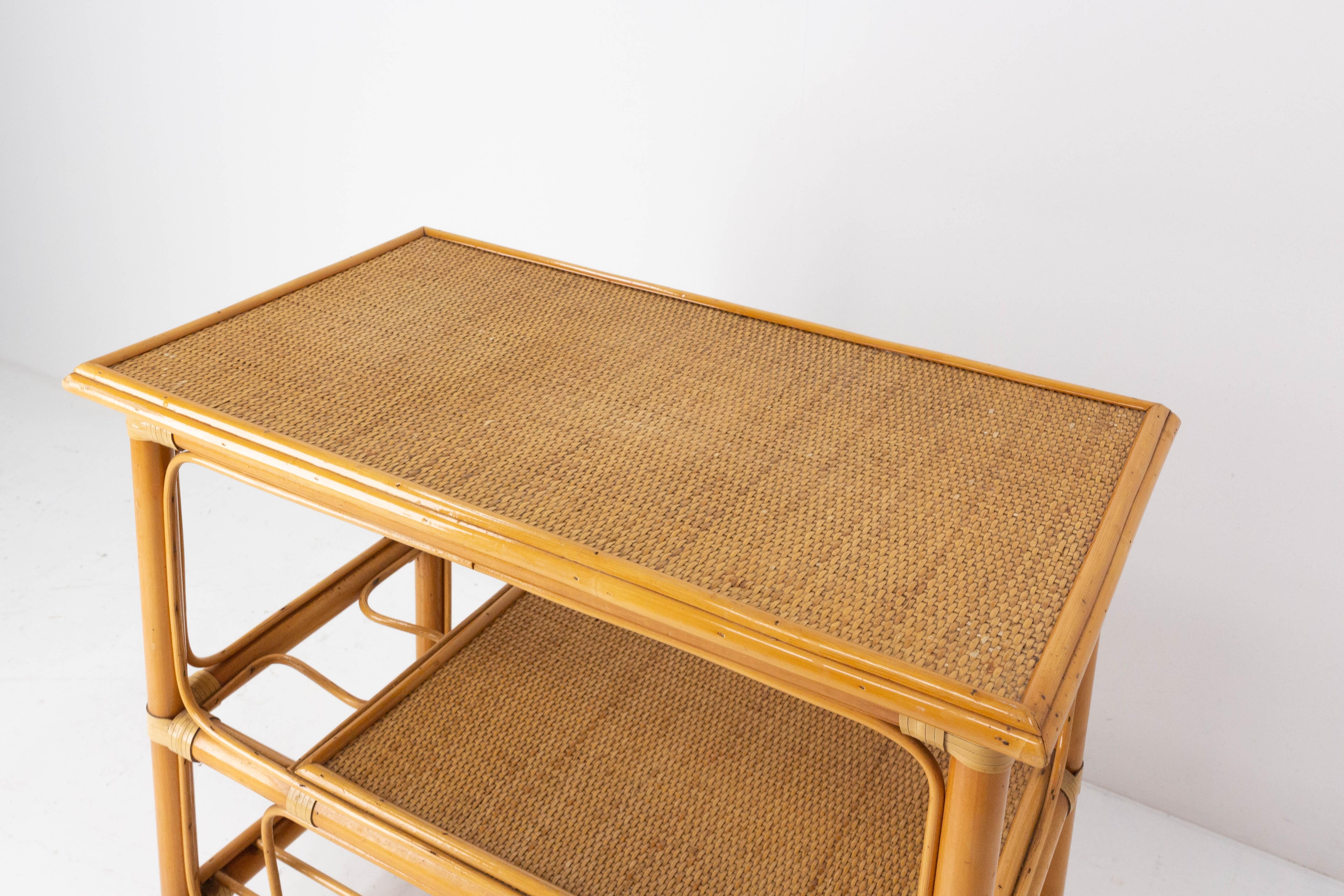 French Bar Cart Drinks Cocktail Rattan Table Trolley, France, circa 1970