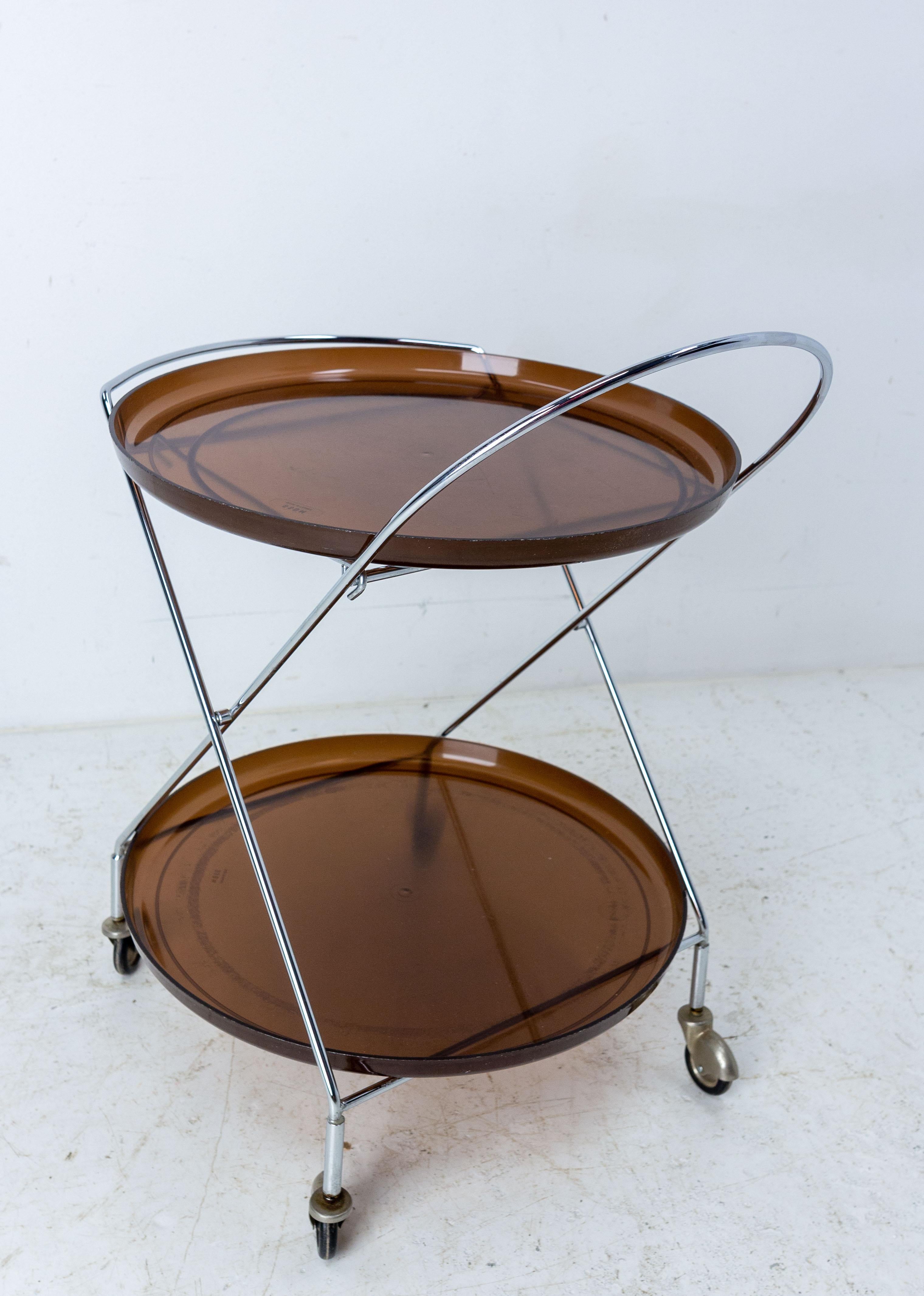 French Bar Cart Drinks Cocktail Smoked Lucite and Chrome Table Foldable Trolley, 1977 For Sale