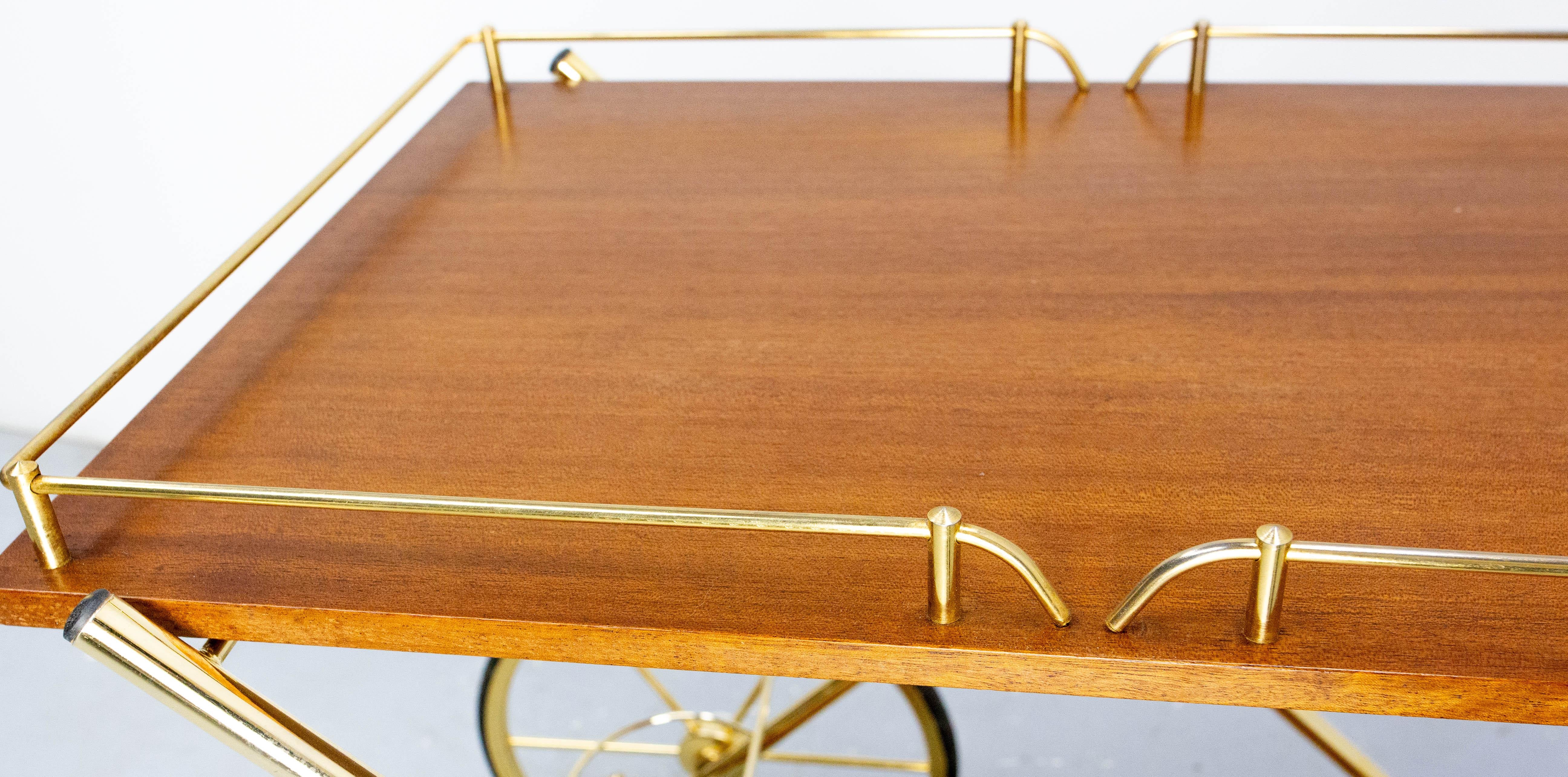 Bar Cart Drinks Cocktail Teak & Brass Table Trolley from ManuFrance, circa 1970 For Sale 4