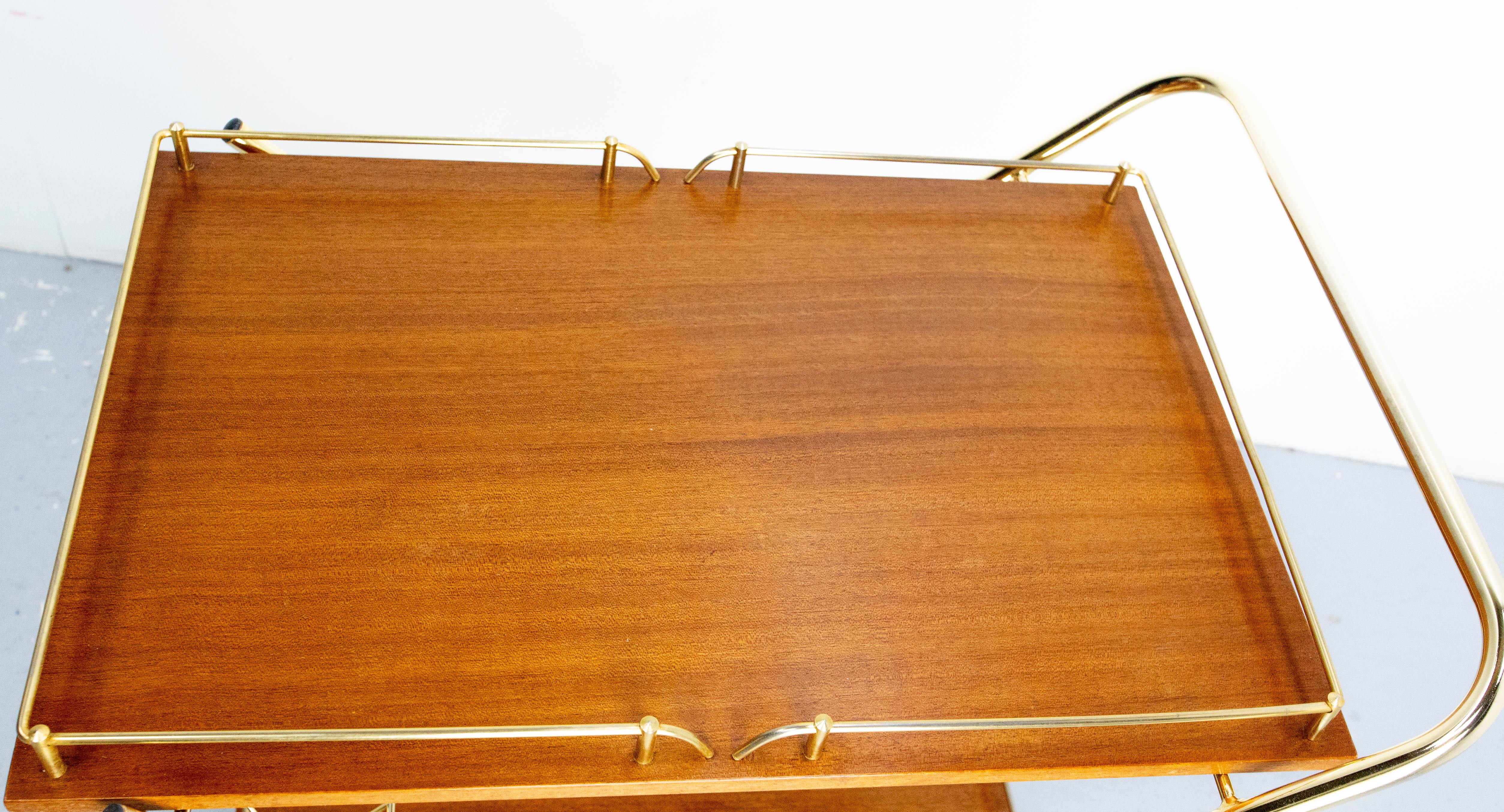 Bar Cart Drinks Cocktail Teak & Brass Table Trolley from ManuFrance, circa 1970 For Sale 5