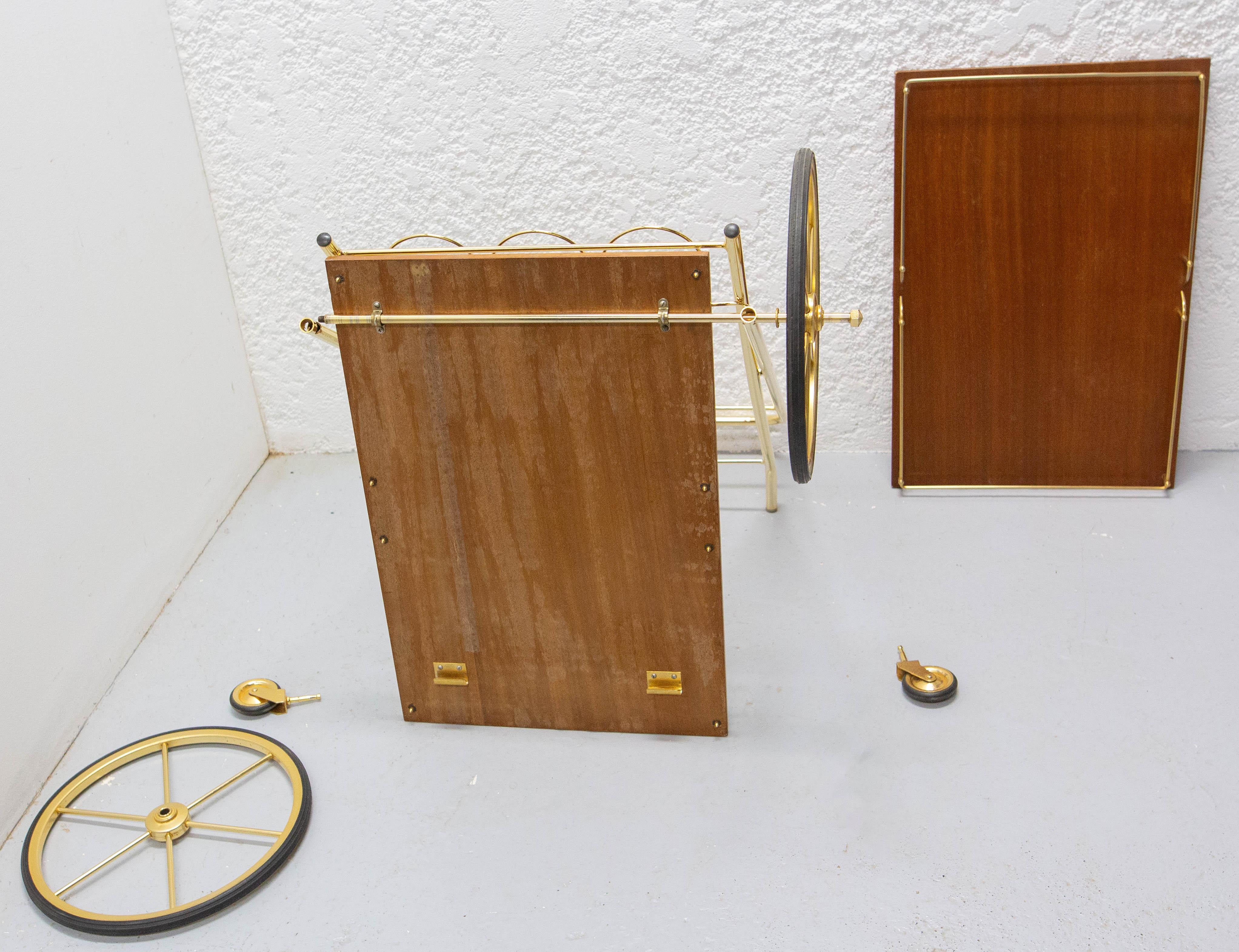 Bar Cart Drinks Cocktail Teak & Brass Table Trolley from ManuFrance, circa 1970 For Sale 10