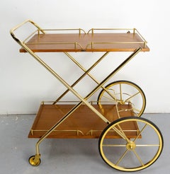 Bar Cart Drinks Cocktail Teak & Brass Table Trolley from ManuFrance, circa 1970