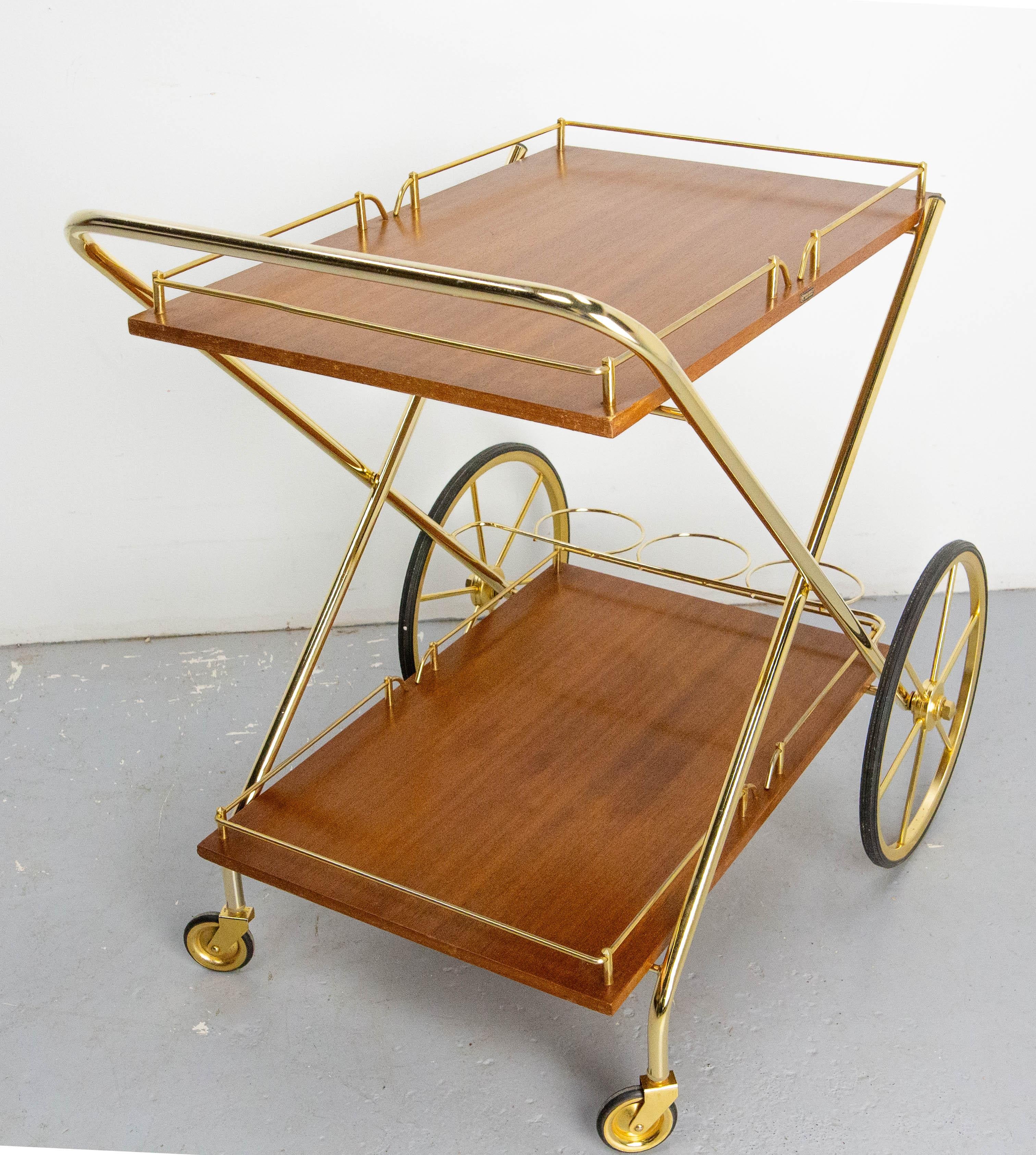 Mid-Century Modern Bar Cart Drinks Cocktail Teak & Brass Table Trolley from ManuFrance, circa 1970 For Sale