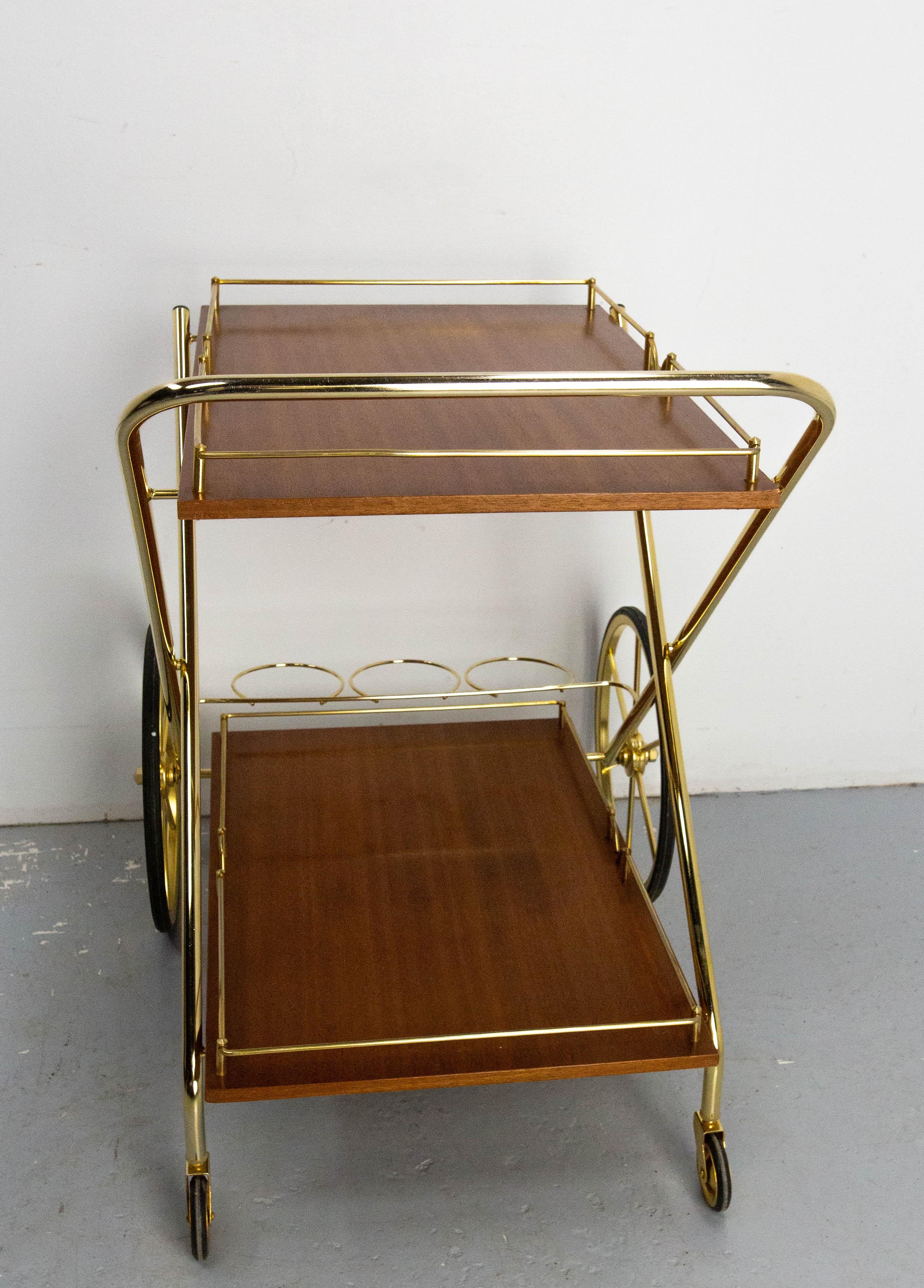 French Bar Cart Drinks Cocktail Teak & Brass Table Trolley from ManuFrance, circa 1970 For Sale