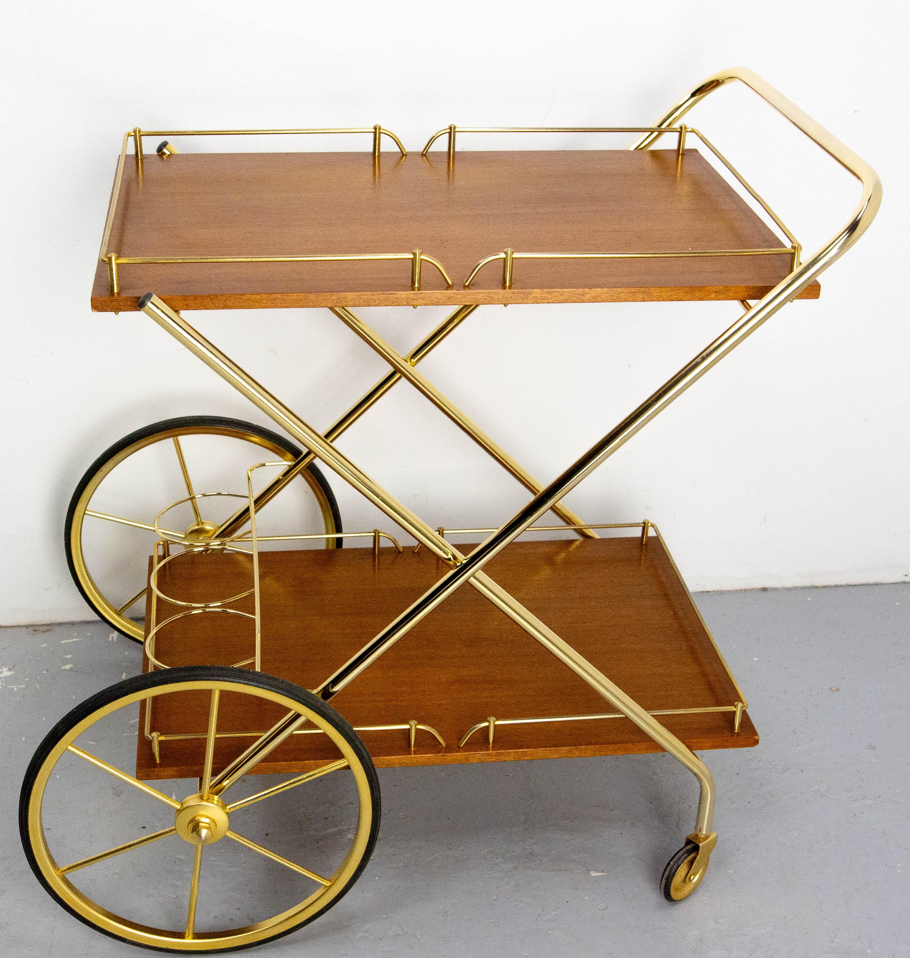 20th Century Bar Cart Drinks Cocktail Teak & Brass Table Trolley from ManuFrance, circa 1970 For Sale