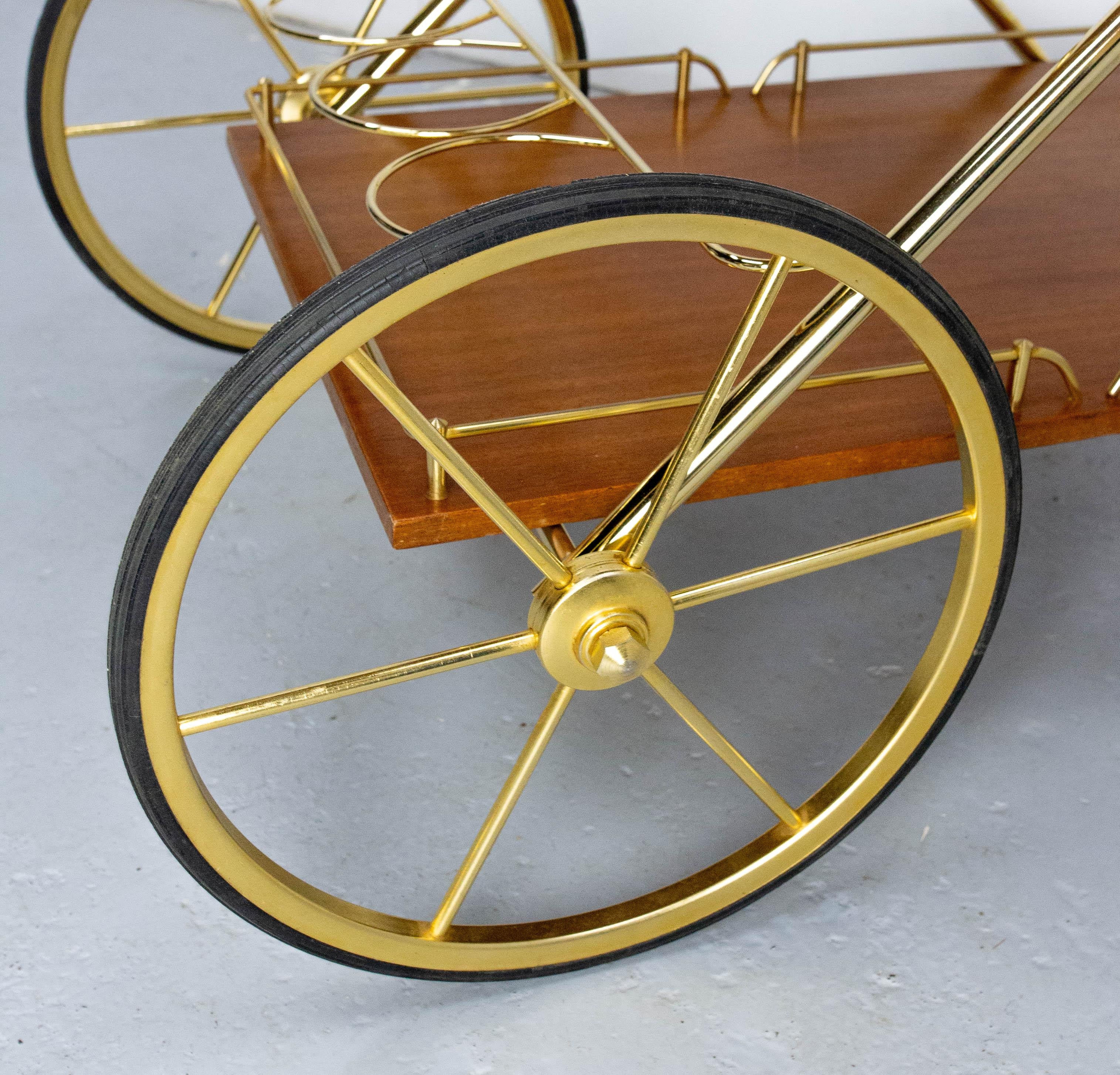 Bar Cart Drinks Cocktail Teak & Brass Table Trolley from ManuFrance, circa 1970 For Sale 2