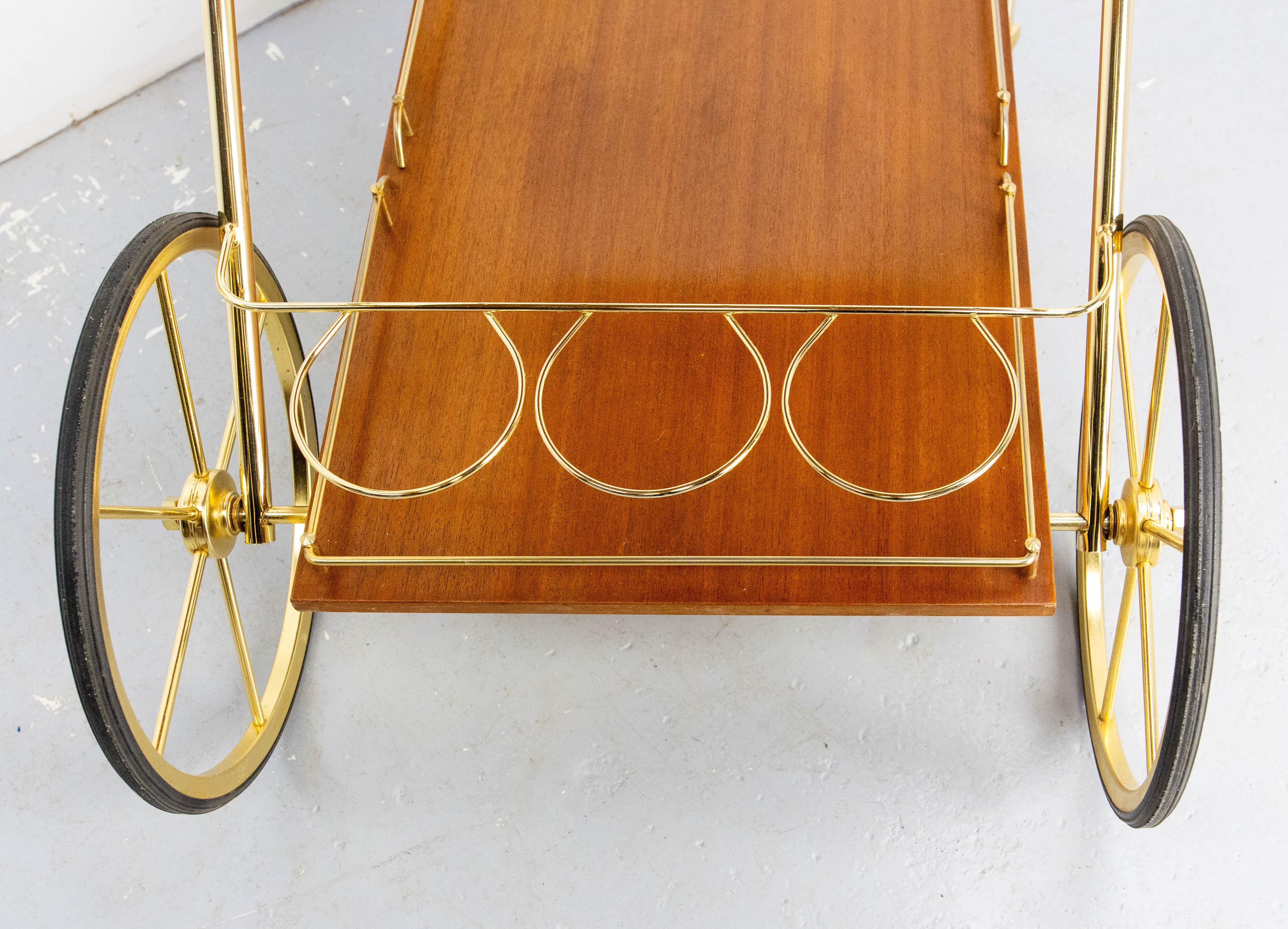 Bar Cart Drinks Cocktail Teak & Brass Table Trolley from ManuFrance, circa 1970 For Sale 3