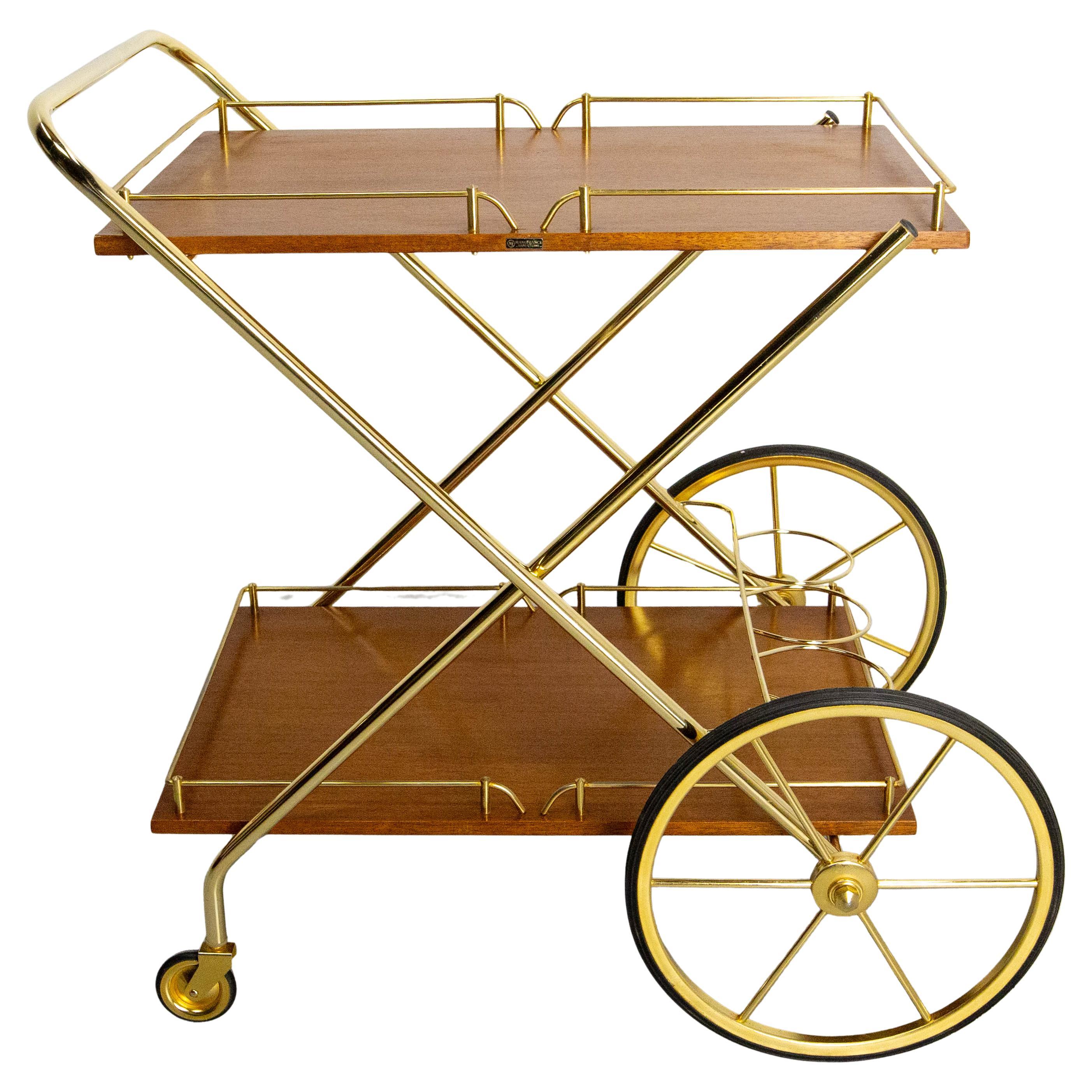 Bar Cart Drinks Cocktail Teak & Brass Table Trolley from ManuFrance, circa 1970 For Sale
