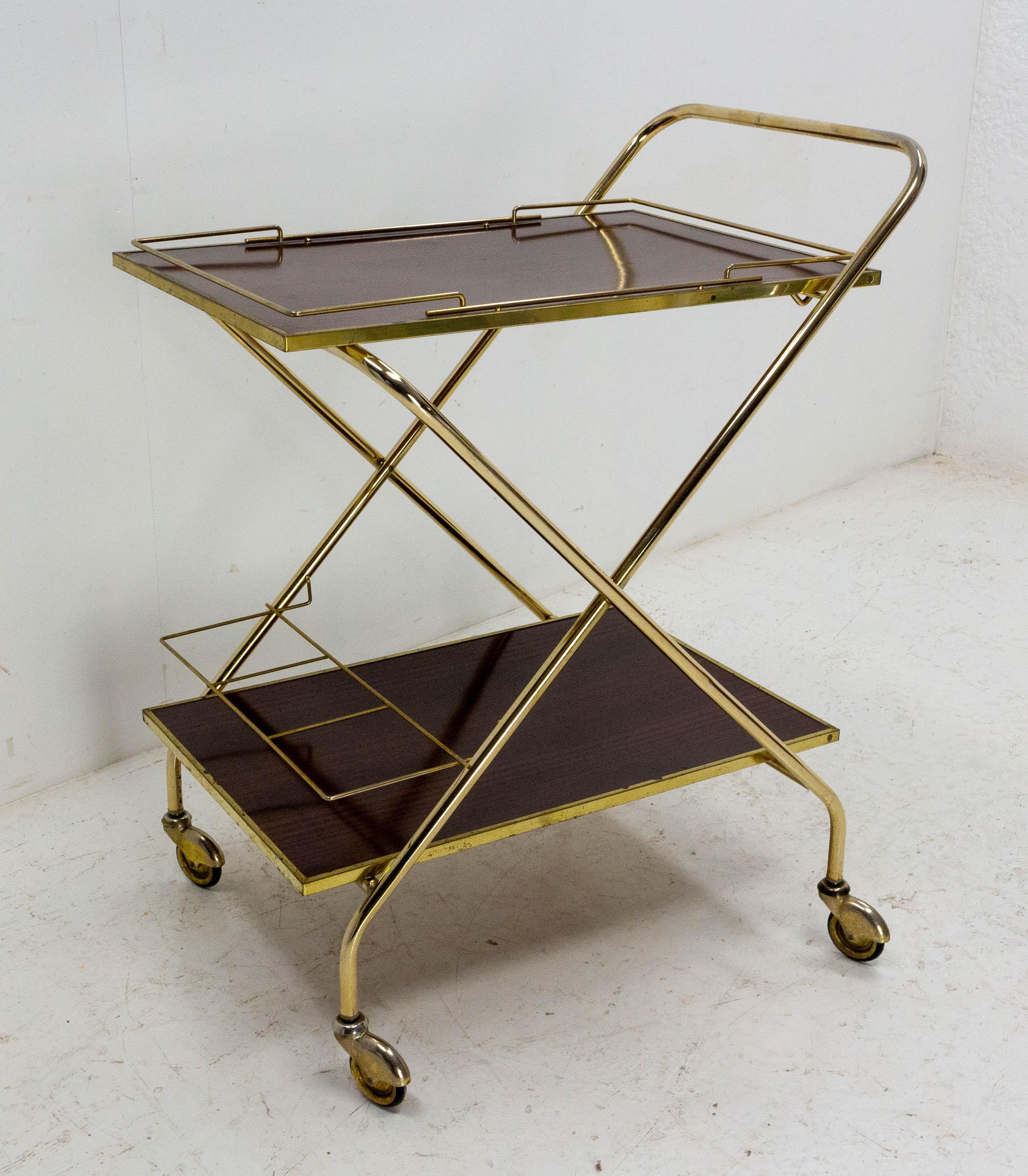 Mid-Century Modern Bar Cart Drinks Cocktail Wood and Brass Table Trolley, 1960