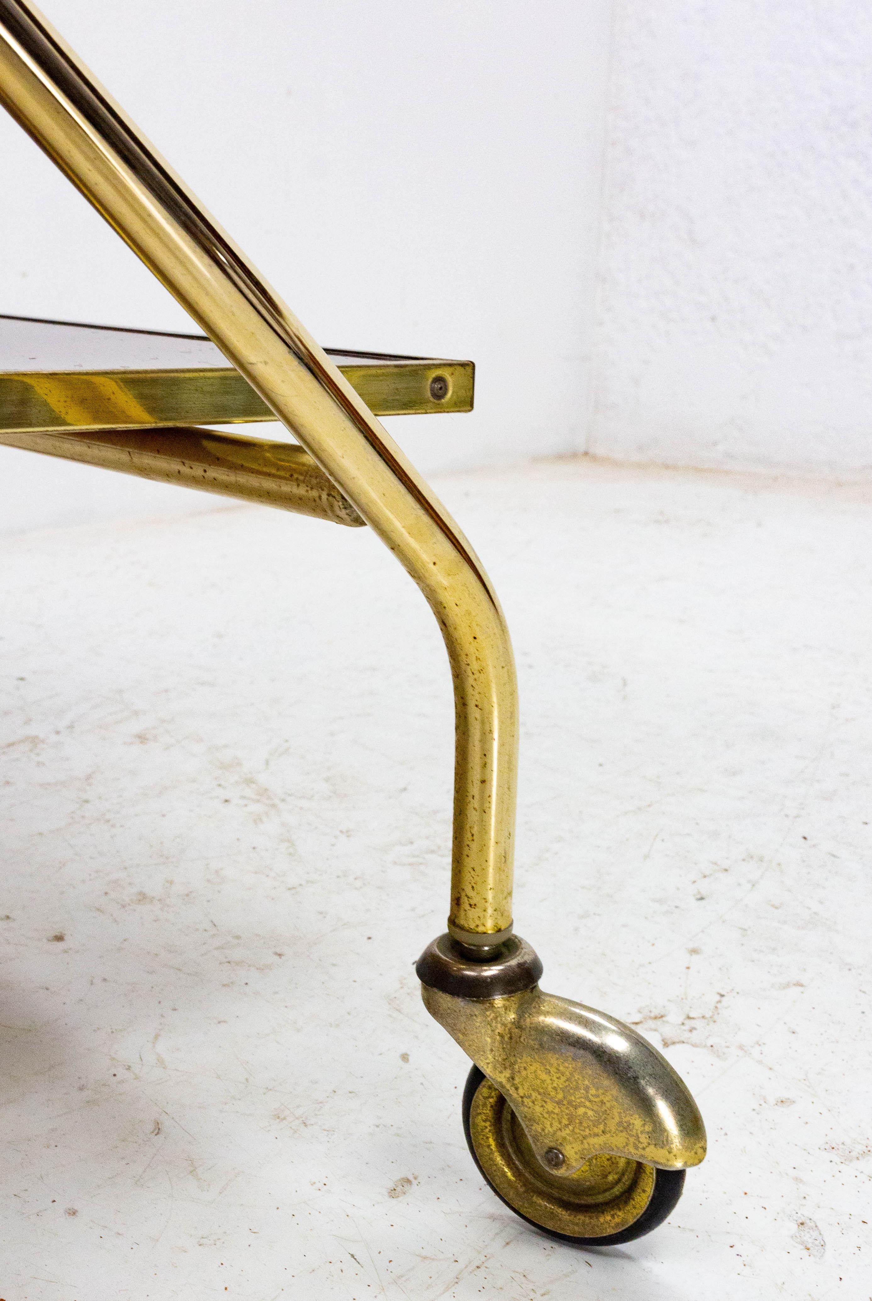 Bar Cart Drinks Cocktail Wood and Brass Table Trolley, 1960 In Good Condition In Labrit, Landes