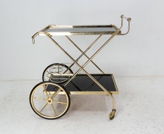 Bar Cart Drinks Cocktail Wood, Brass and Glass Table Foldable Trolley, 1977