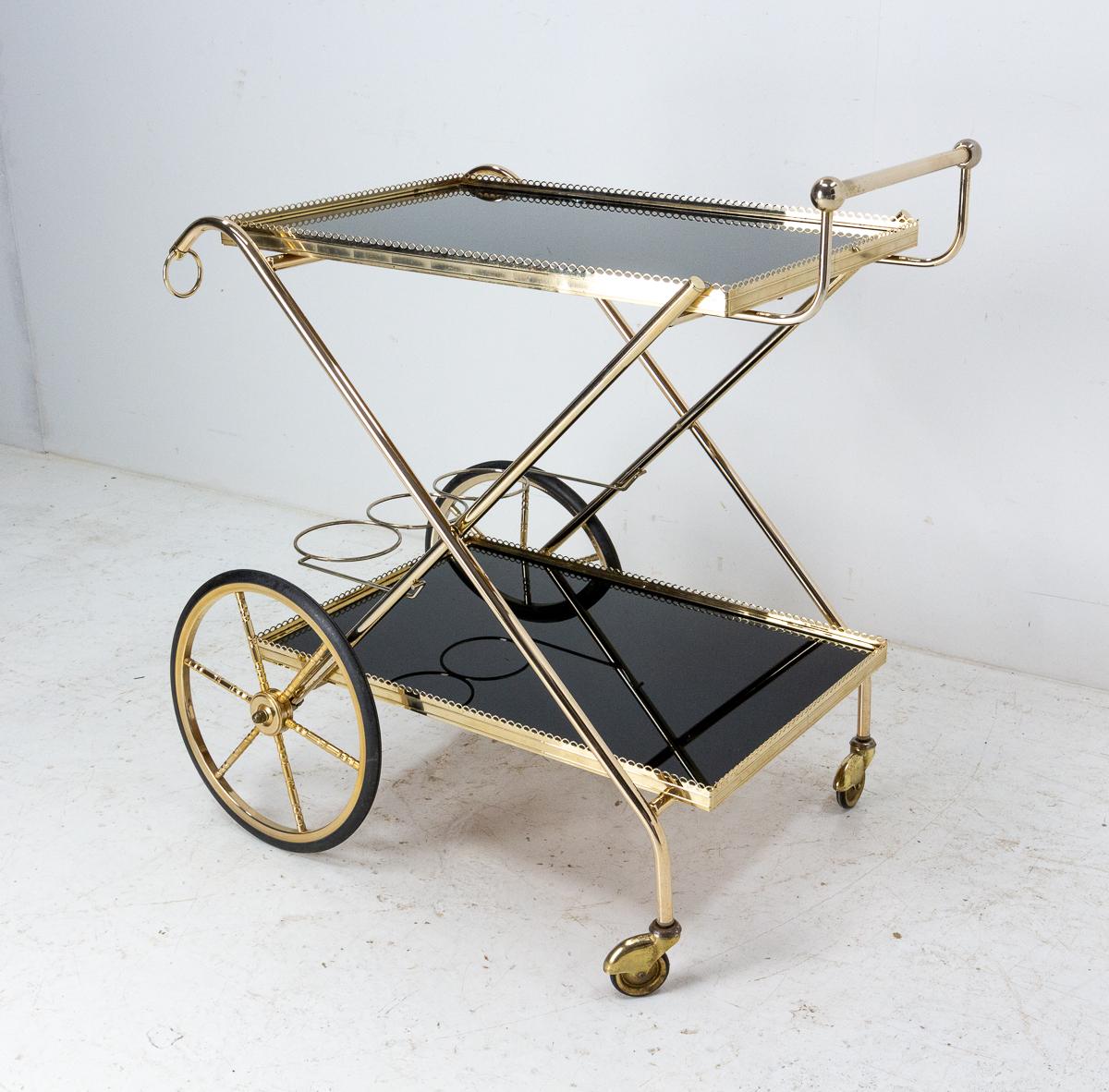 Mid-Century Modern Bar Cart Drinks Cocktail Wood, Brass and Glass Table Foldable Trolley, 1977