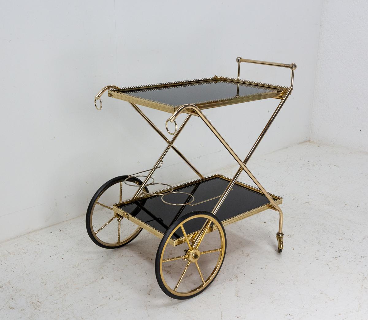 French Bar Cart Drinks Cocktail Wood, Brass and Glass Table Foldable Trolley, 1977