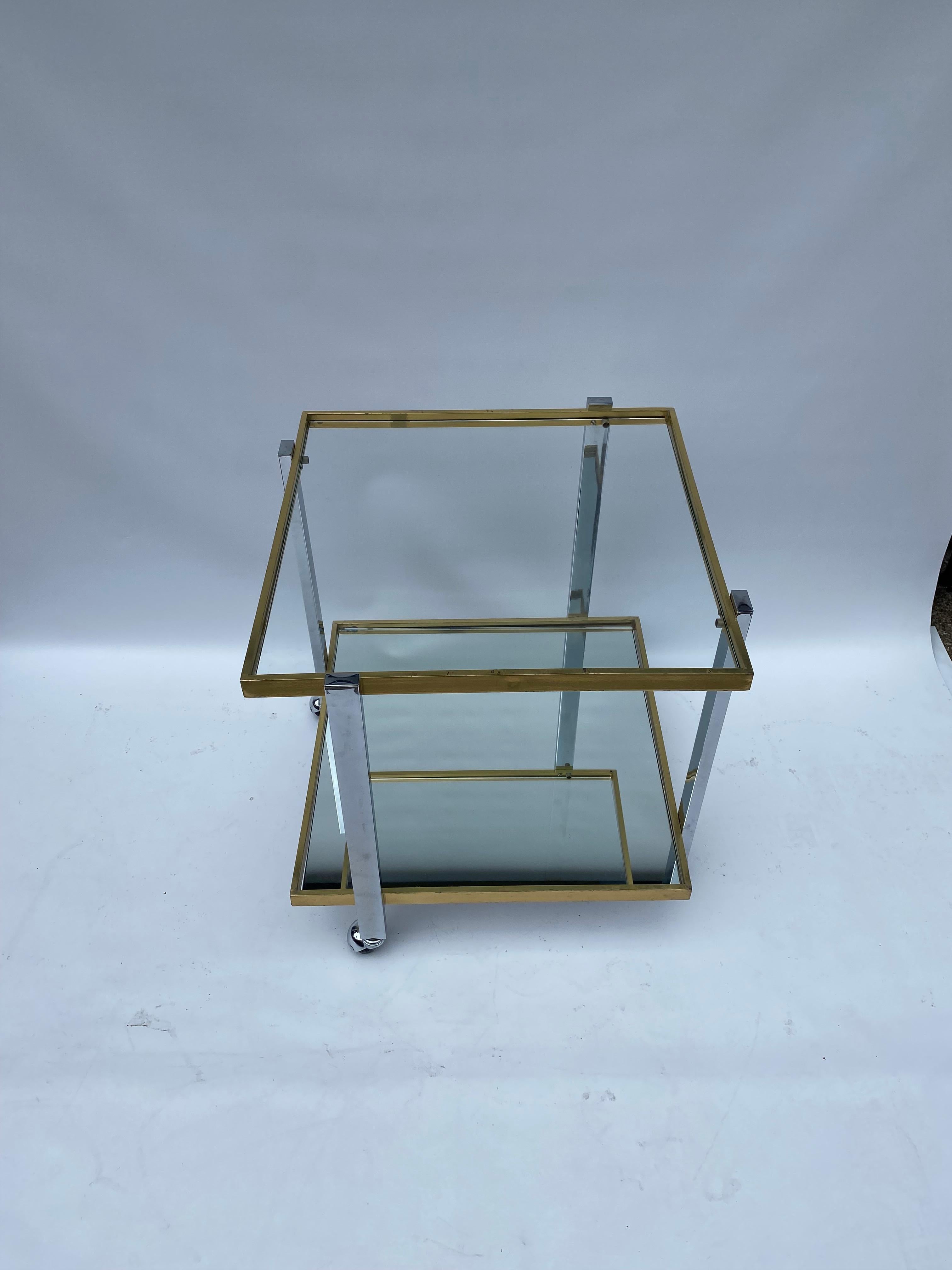 Barwagen Getränkewagen Messing Chrom 1970er Jahre Tisch Rega Glas Hollywood Regency im Zustand „Gut“ im Angebot in London, GB