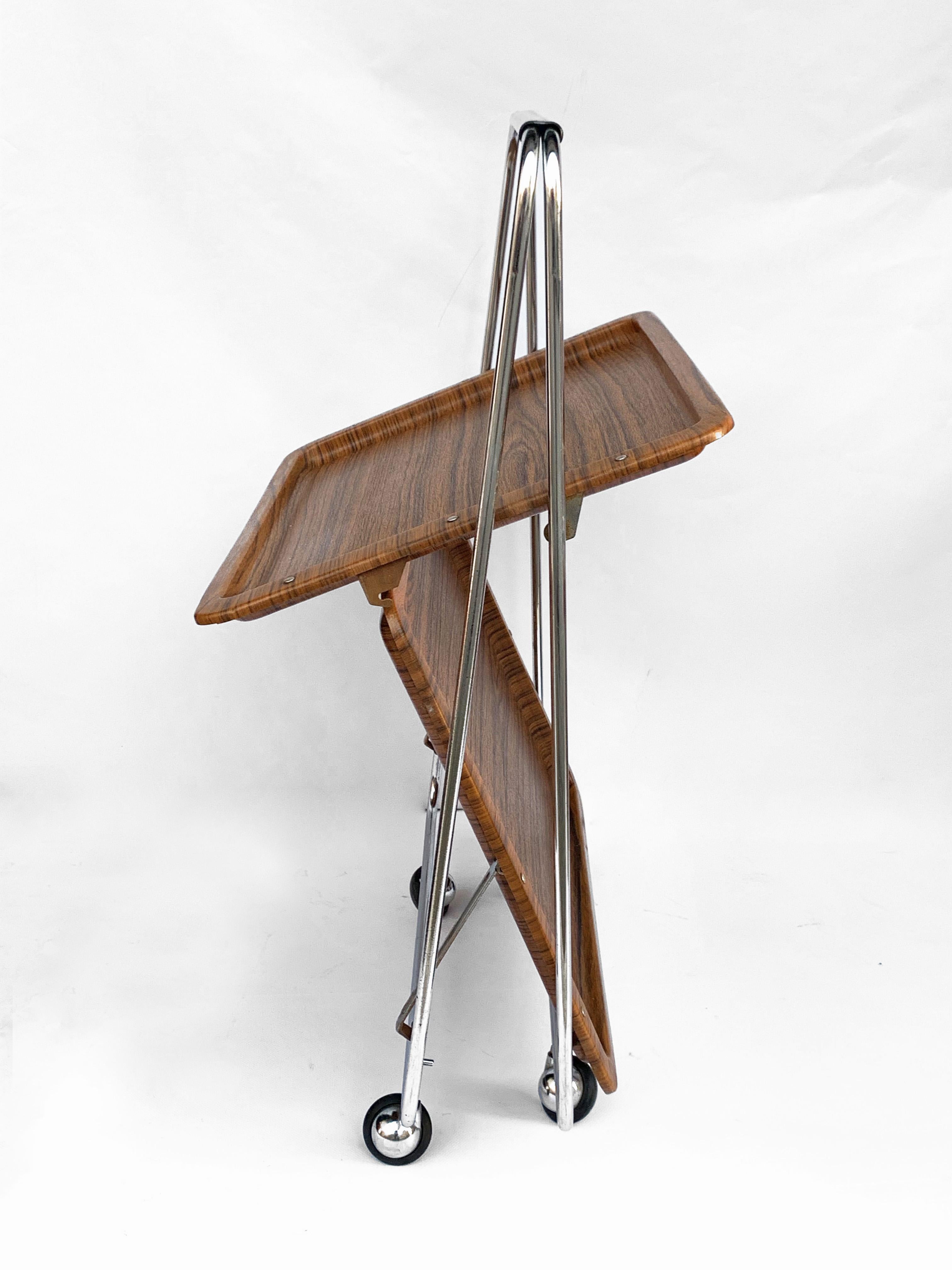 Bar Cart Folding Plastic Faux Wood and Chrome Metal by Robex, Italy, 1970s For Sale 2