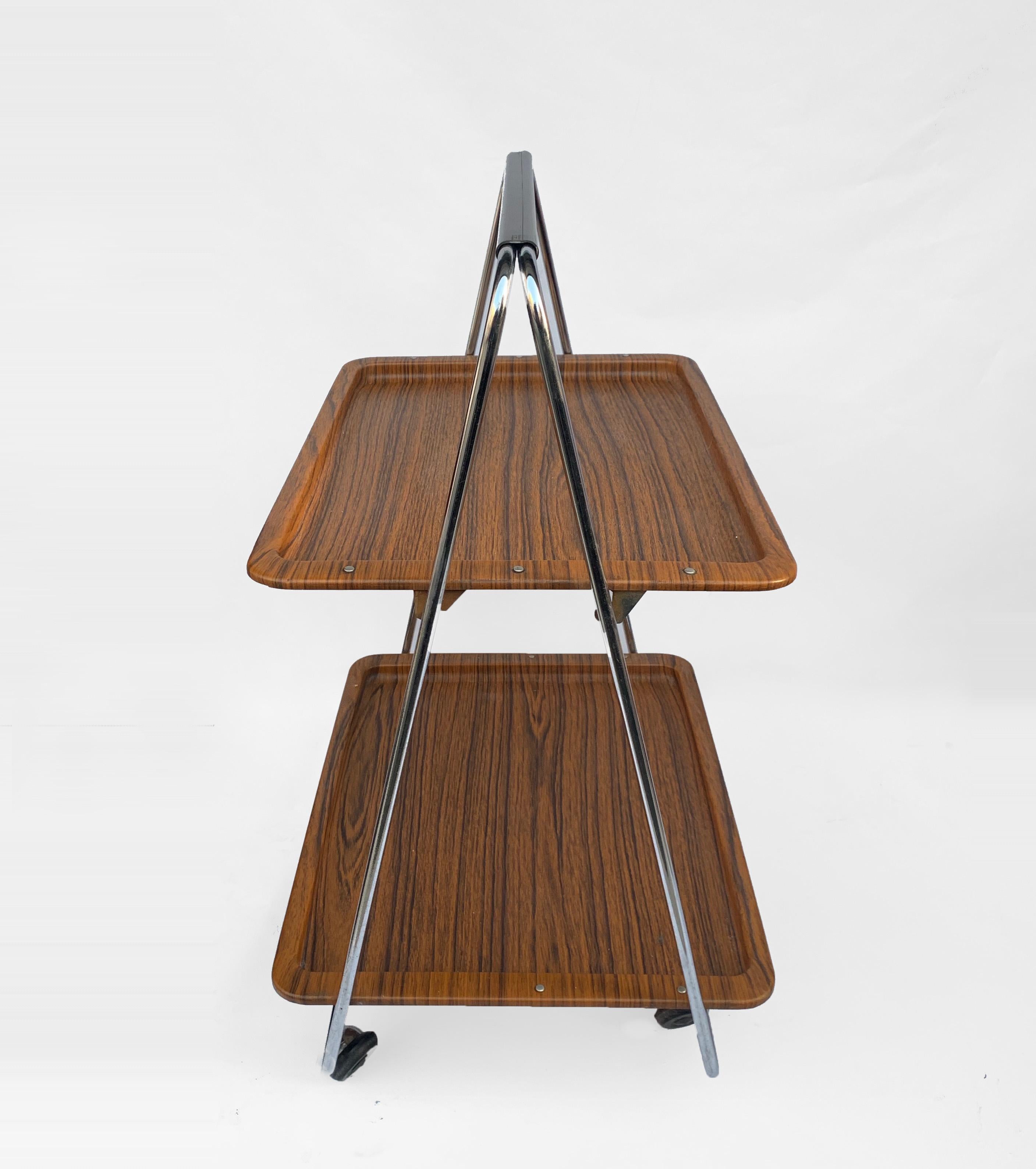 Mid-Century Modern Bar Cart Folding Plastic Faux Wood and Chrome Metal by Robex, Italy, 1970s For Sale