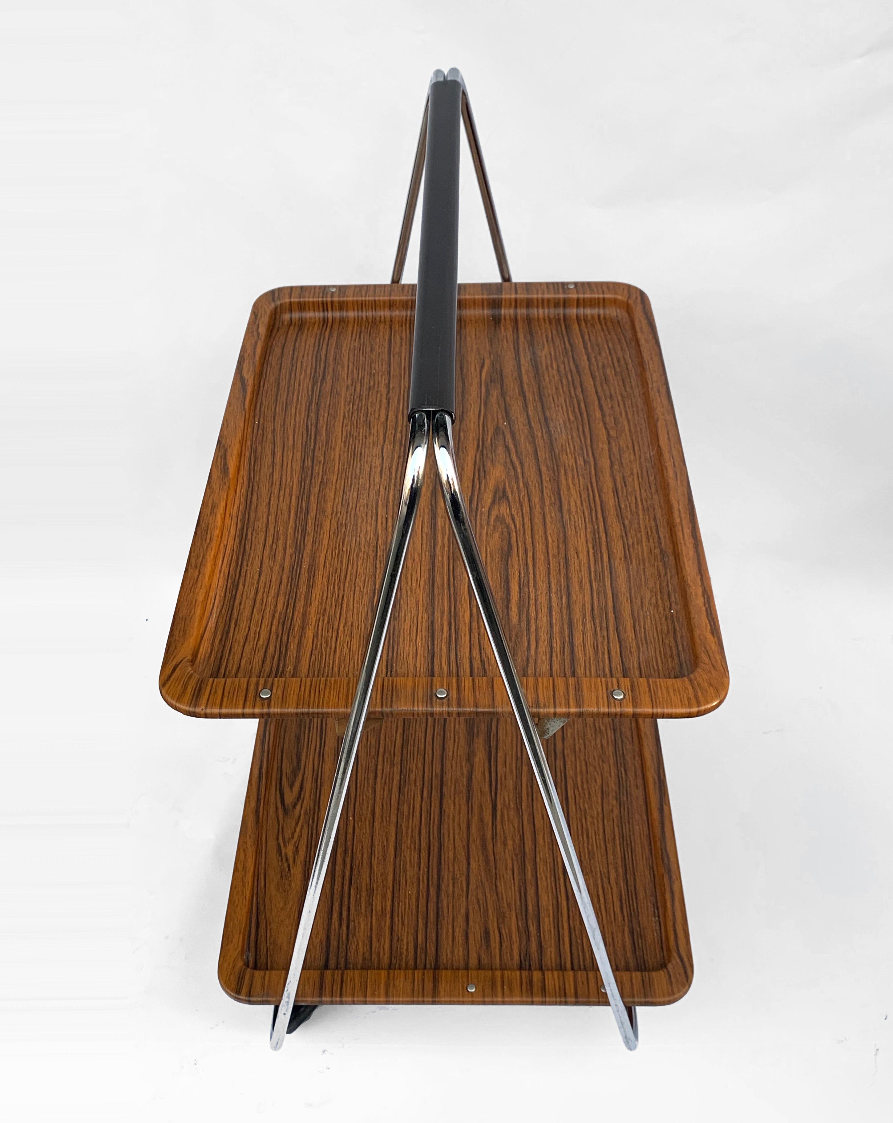 Italian Bar Cart Folding Plastic Faux Wood and Chrome Metal by Robex, Italy, 1970s For Sale