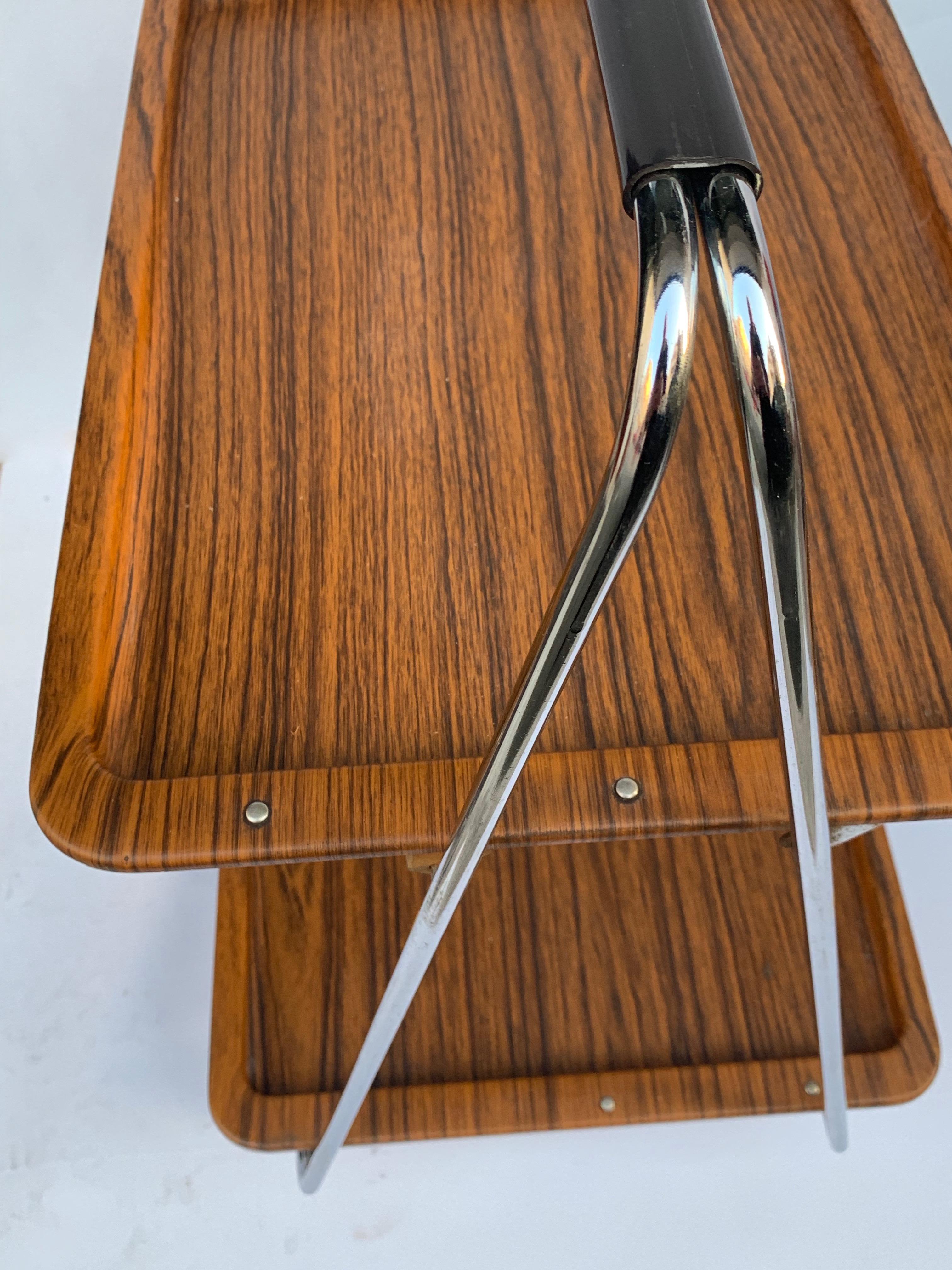 Bar Cart Folding Plastic Faux Wood and Chrome Metal by Robex, Italy, 1970s In Good Condition For Sale In Roma, IT