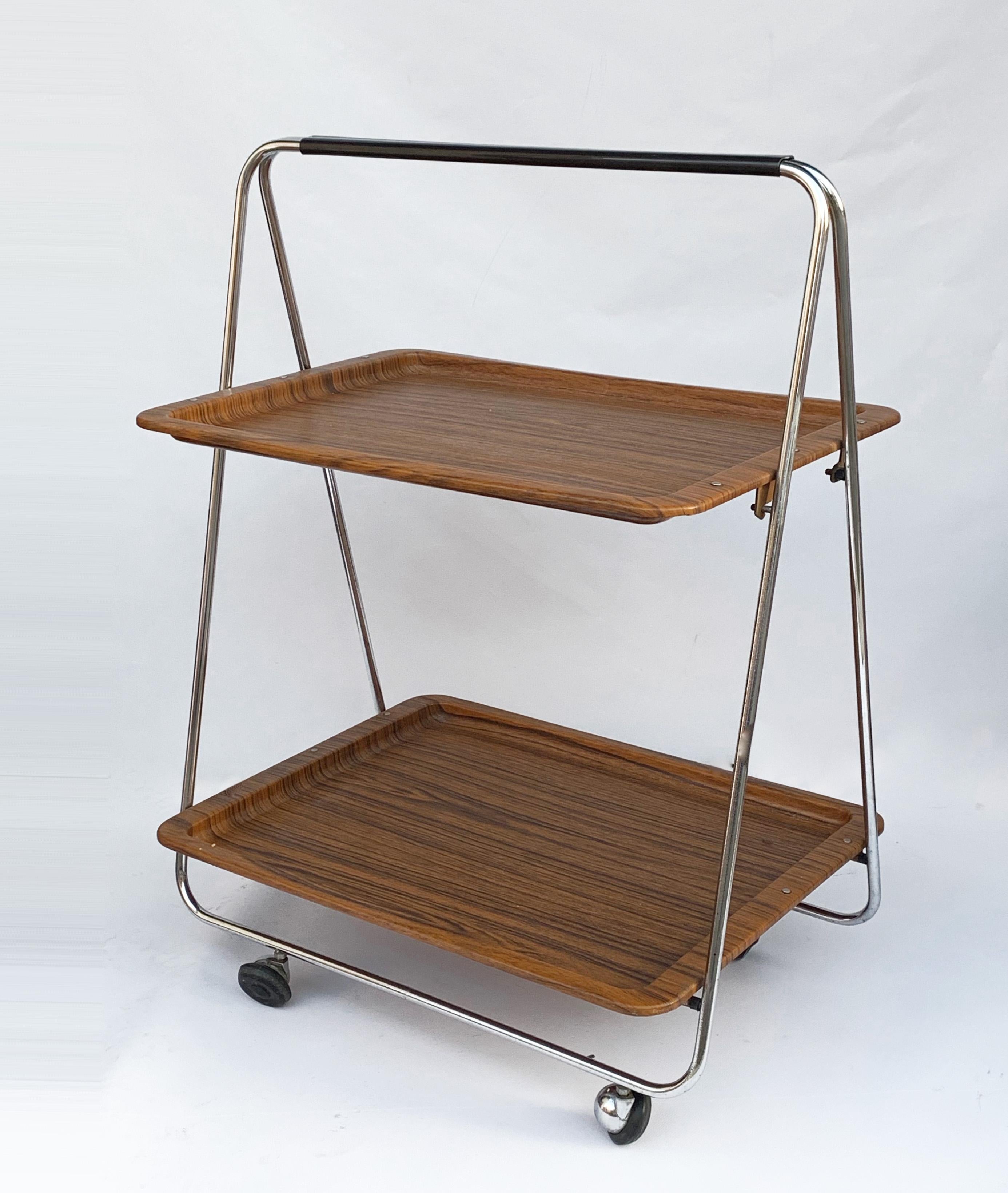 Bar Cart Folding Plastic Faux Wood and Chrome Metal by Robex, Italy, 1970s For Sale 1