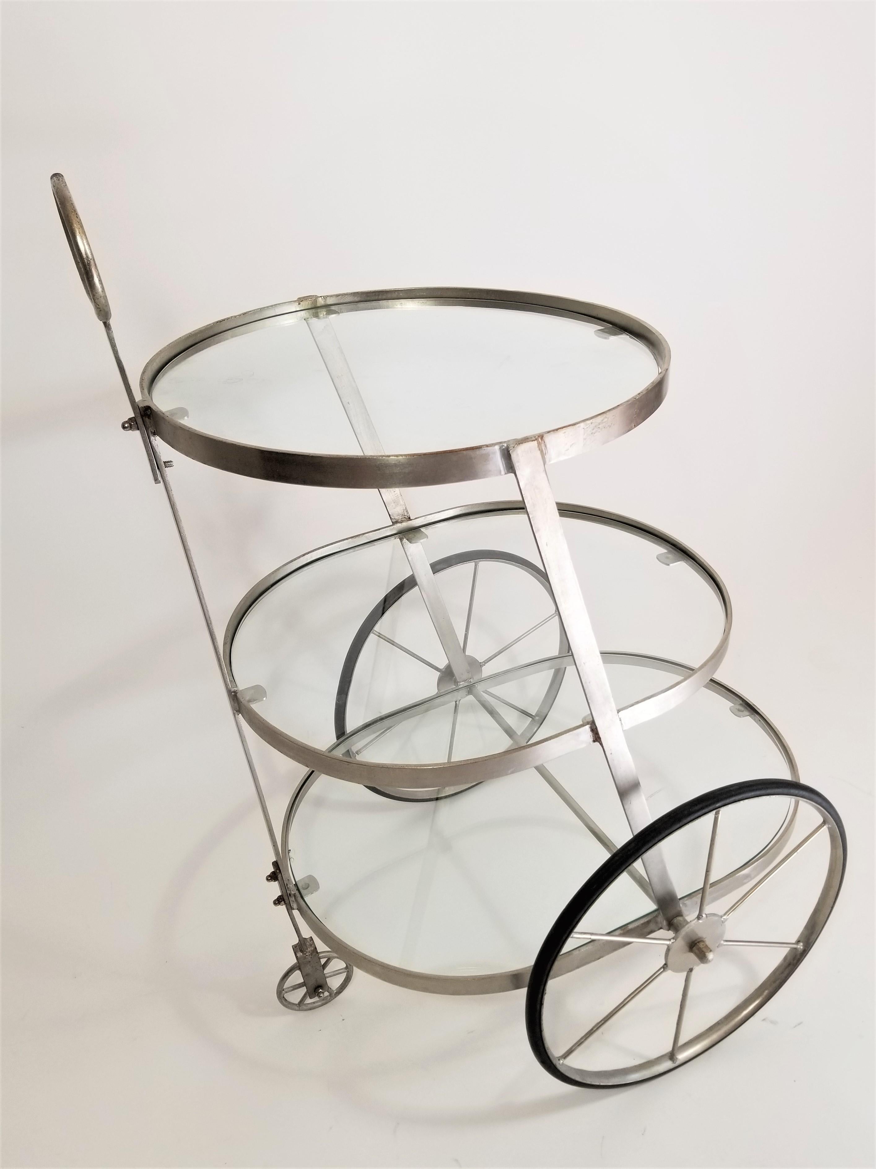 Bar Cart Glass and Steel 3-Tiered Midcentury In Good Condition In New York, NY