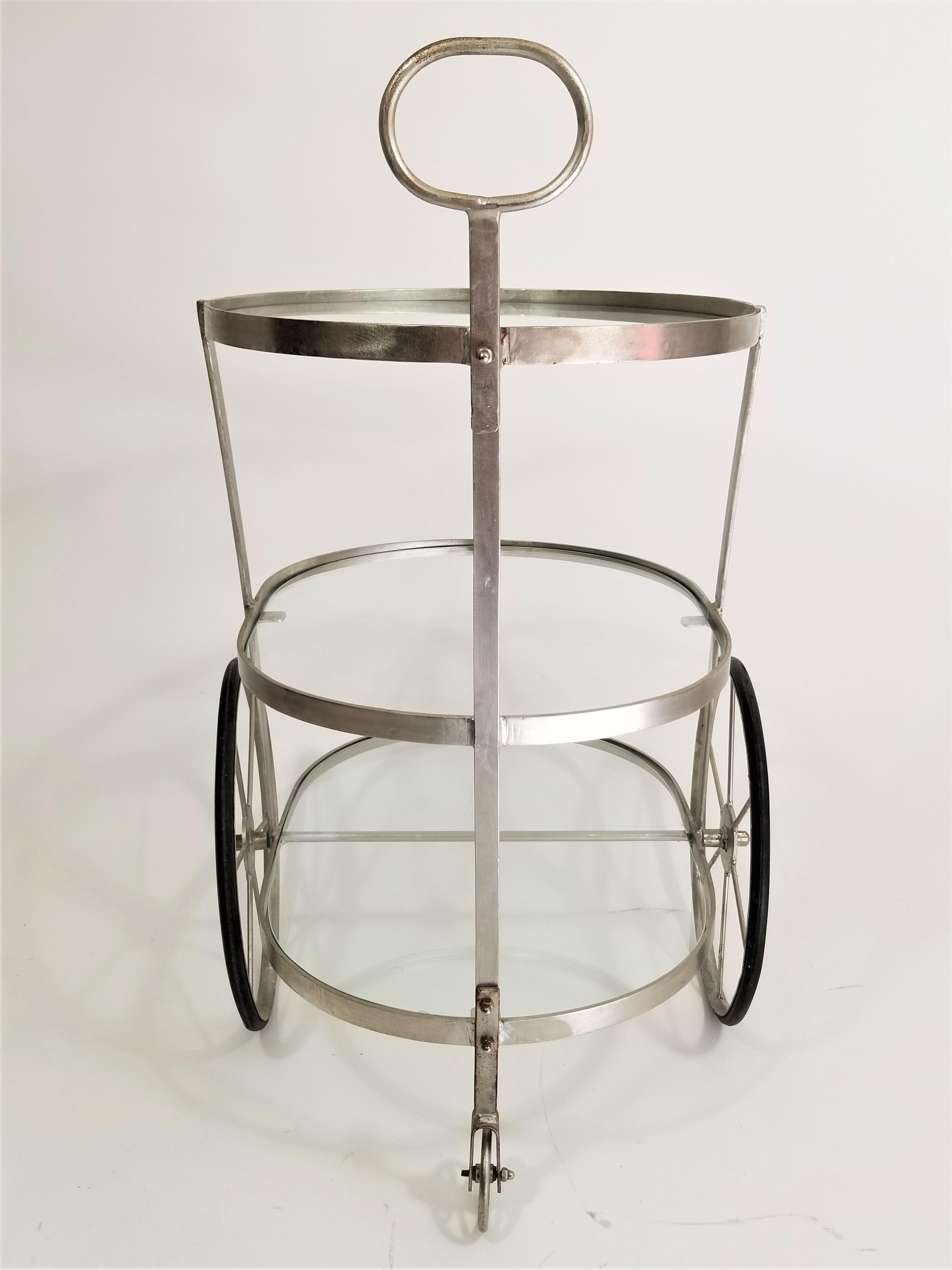 20th Century Bar Cart Glass and Steel 3-Tiered Midcentury