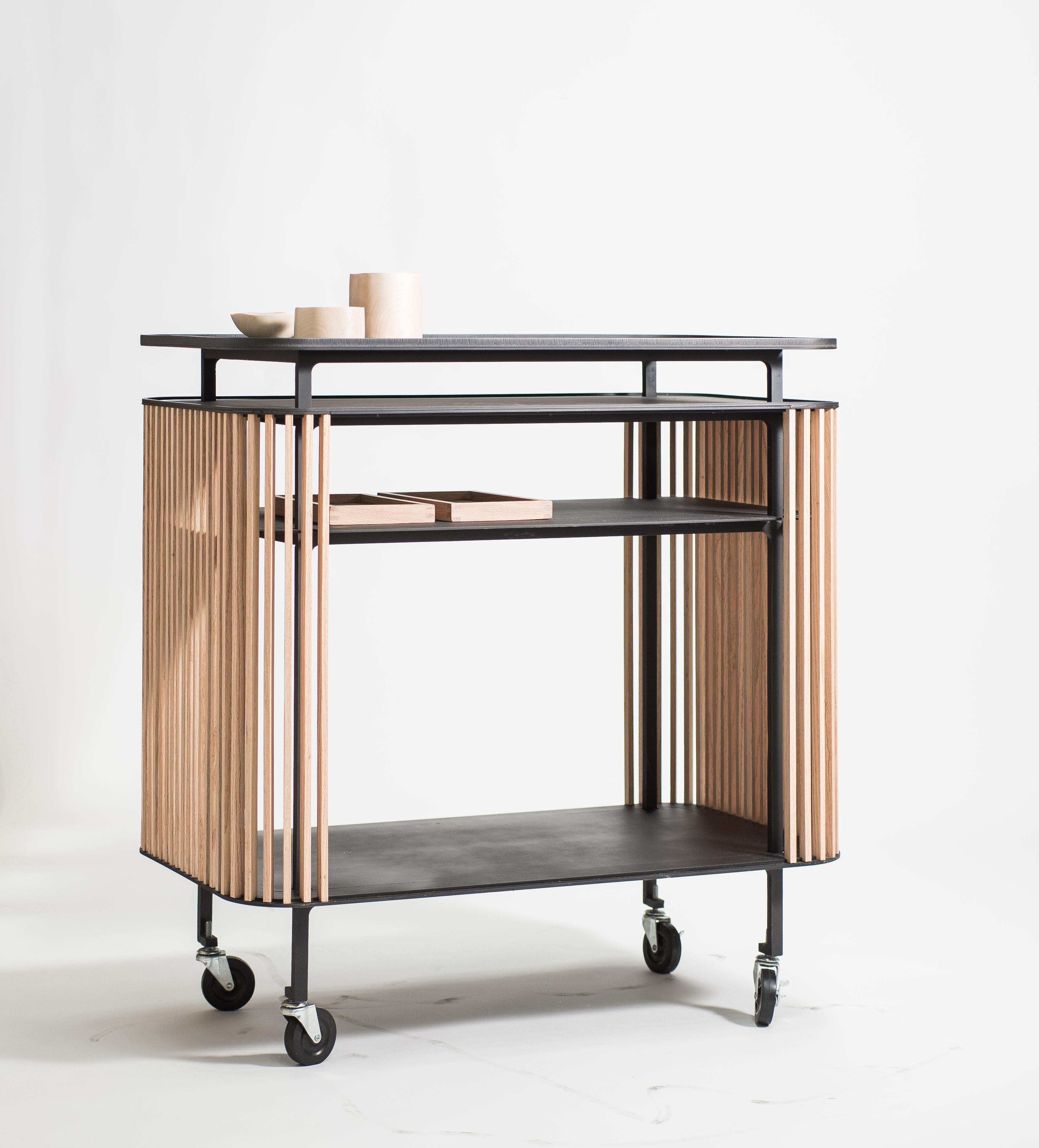 Modern Bar Cart in Blackened Laser-Cut Steel Frame with Oak Slats and Leather Top For Sale