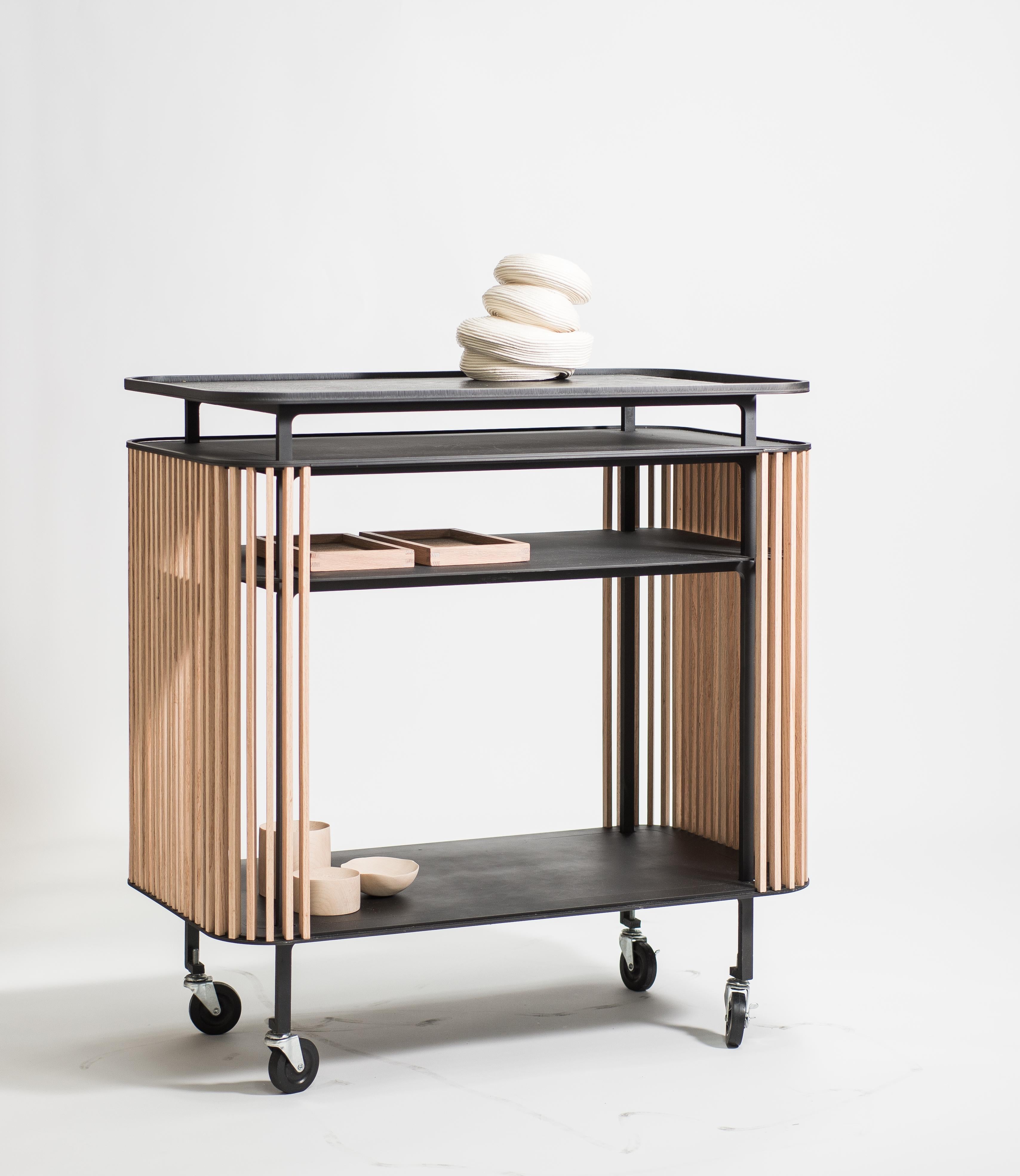 American Bar Cart in Blackened Laser-Cut Steel Frame with Oak Slats and Leather Top For Sale