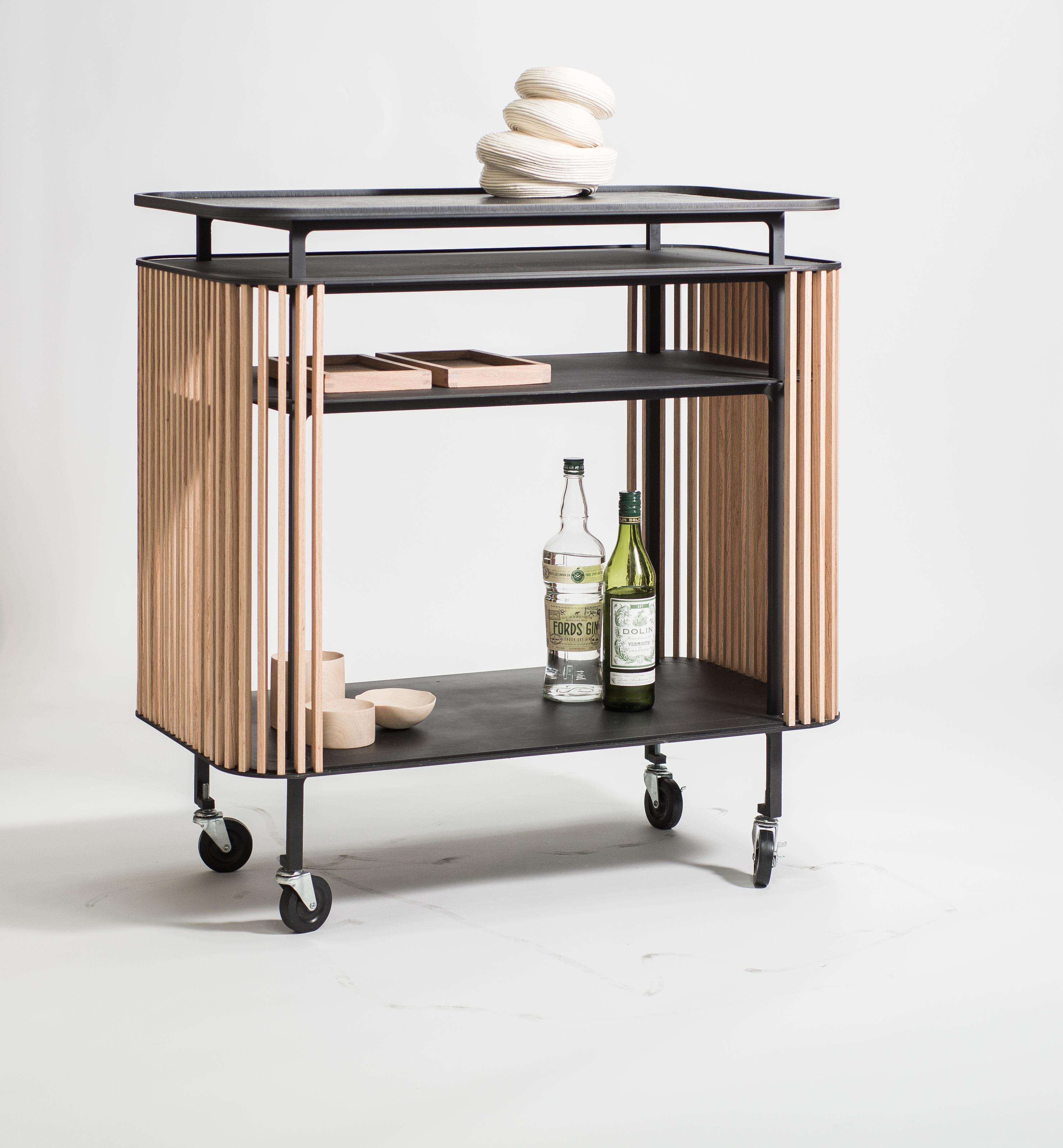 Bar Cart in Blackened Laser-Cut Steel Frame with Oak Slats and Leather Top In New Condition For Sale In Los Angeles, CA