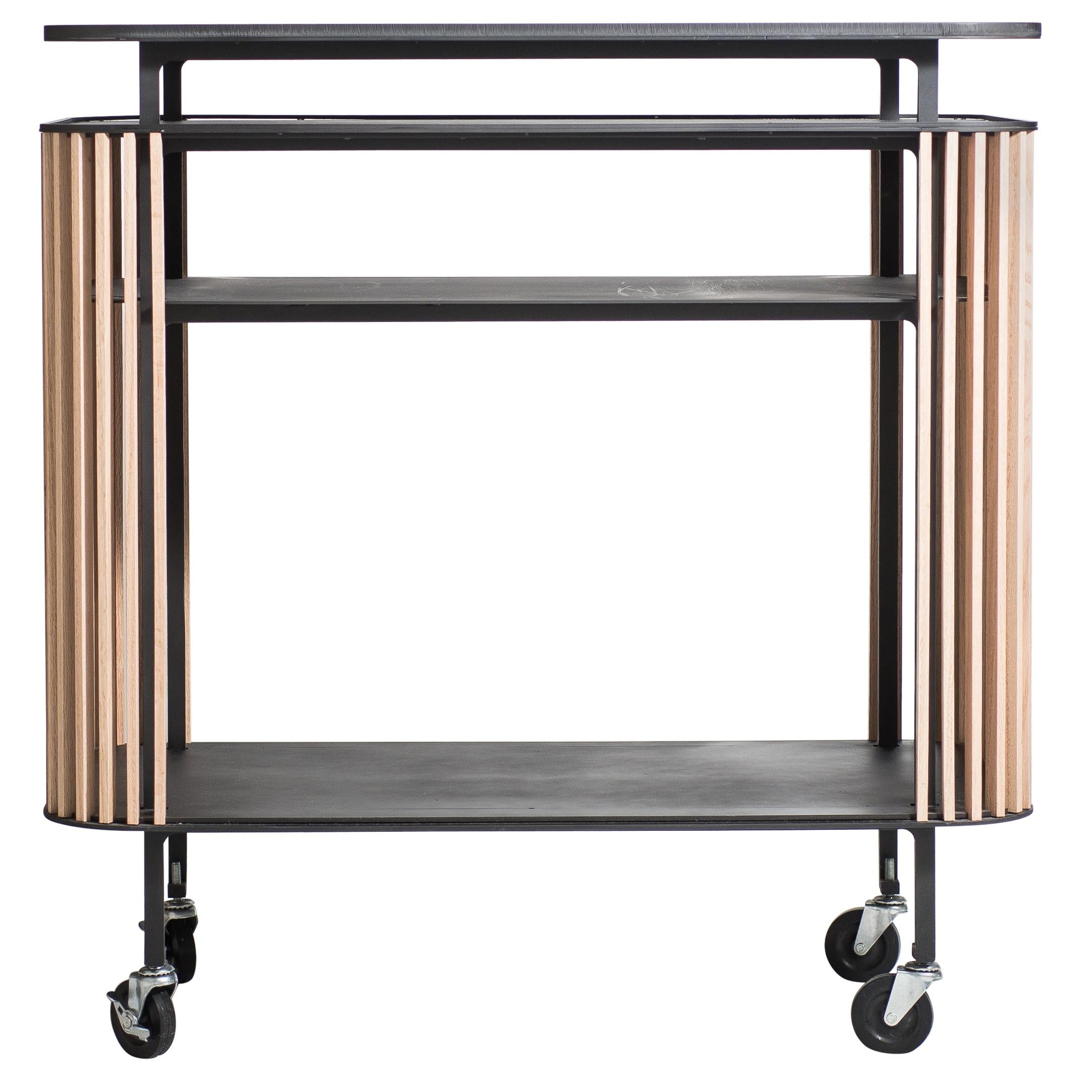 Bar Cart in Blackened Laser-Cut Steel Frame with Oak Slats and Leather Top