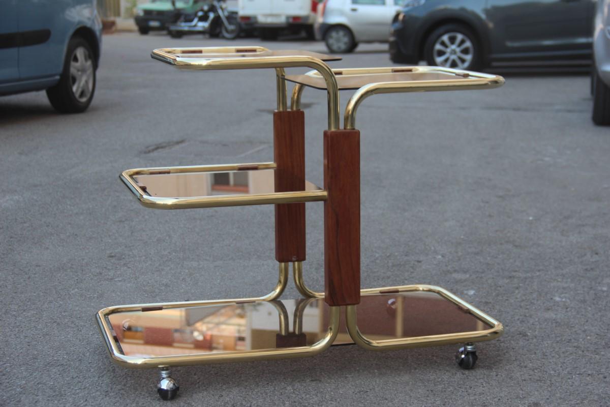 Bar cart in brass and wood minimal gold glass top, Mezzanines, 1970.