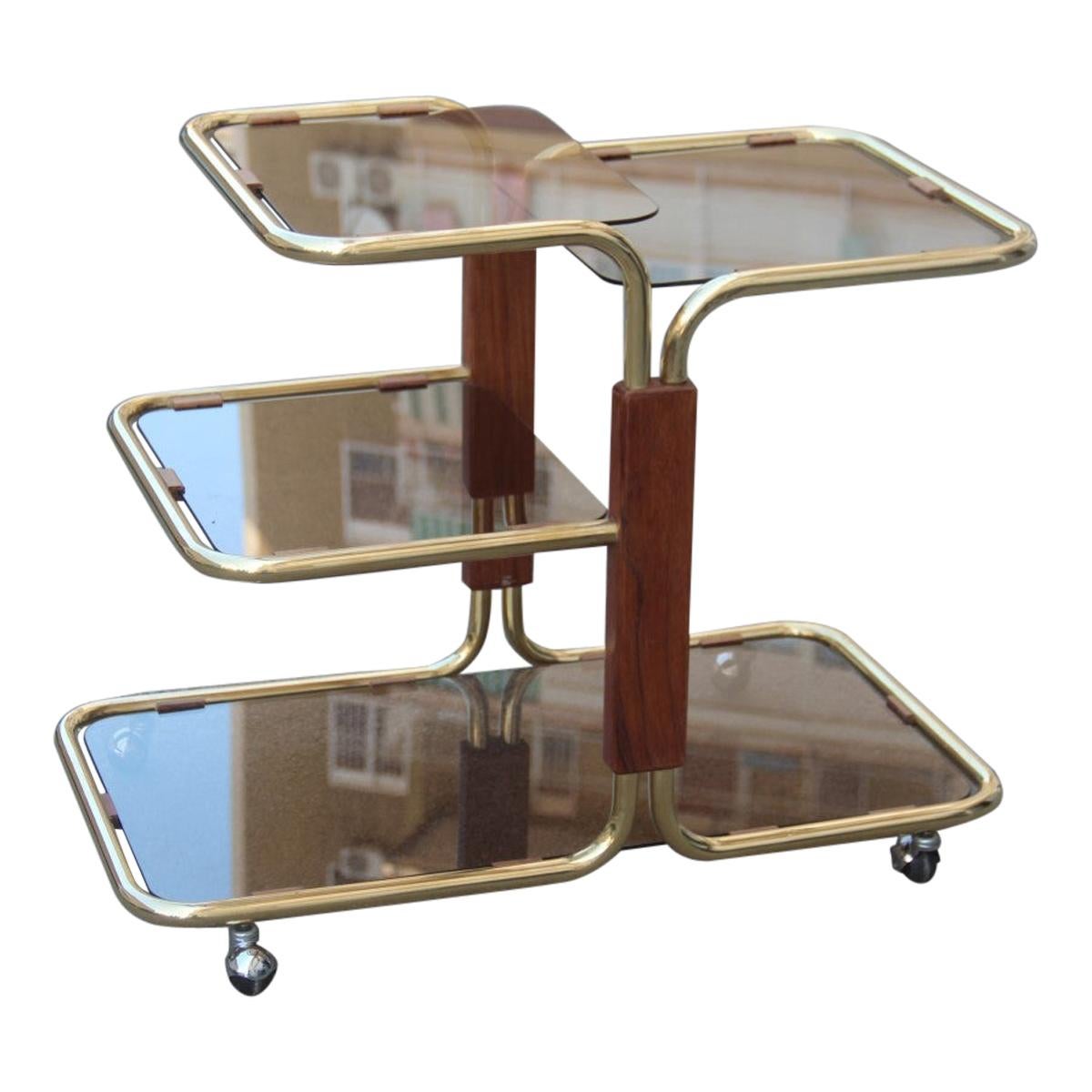 Bar Cart in Brass and Wood Minimal Gold Glass Top Mezzanines, 1970
