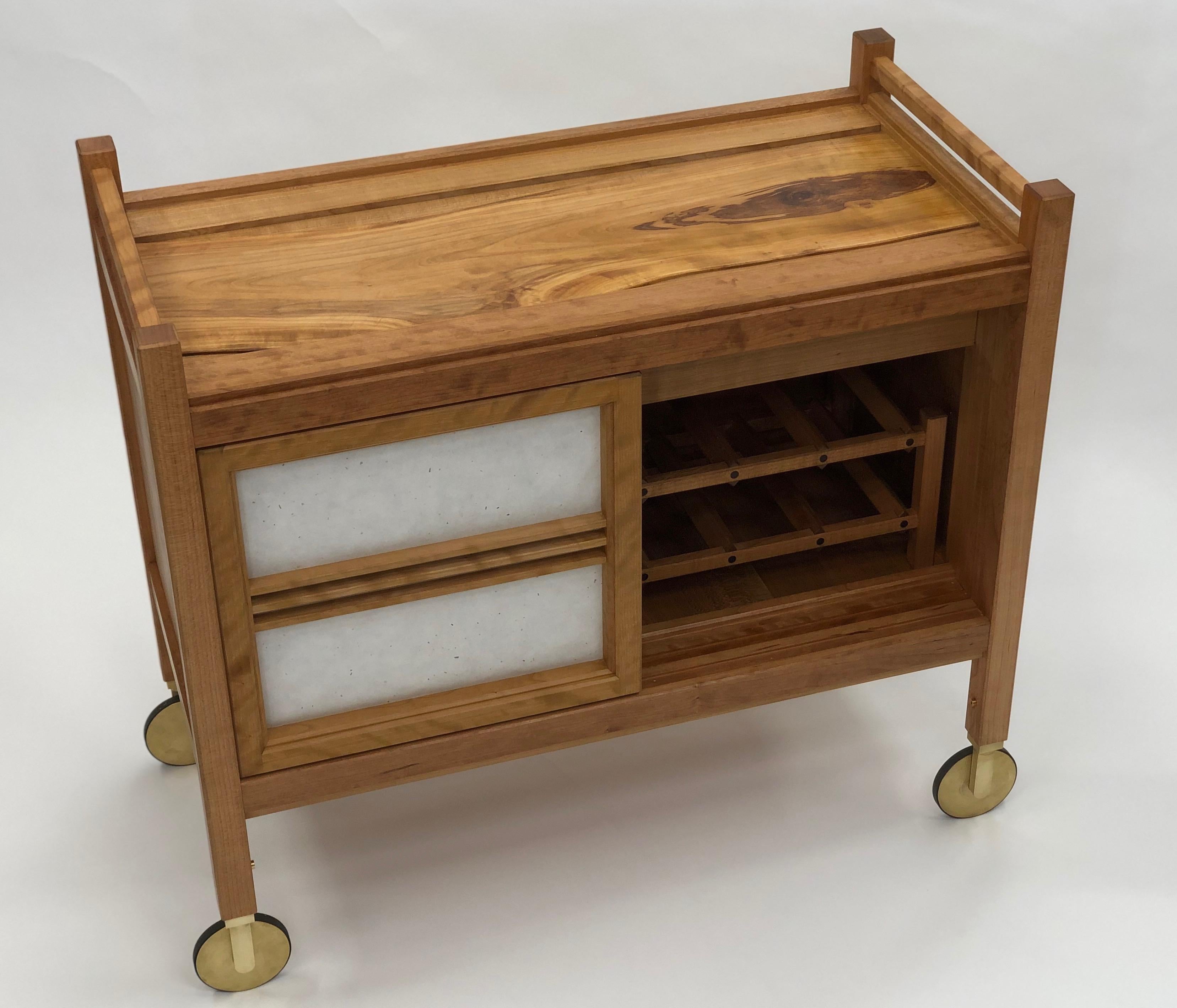 Bar Cart in Cherry with Brass Casters and Shoji Sliding Doors In New Condition For Sale In Princeton, NJ