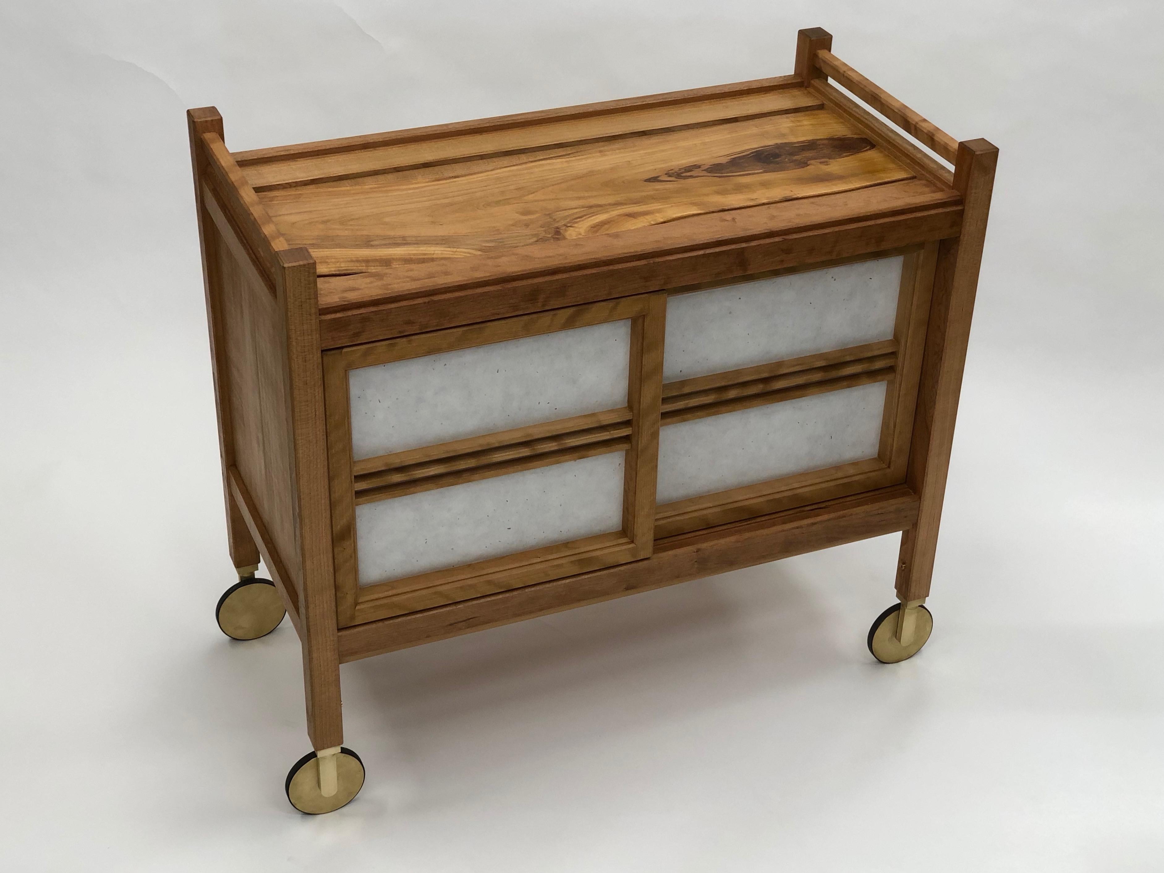 Bar Cart in Cherry with Brass Casters and Shoji Sliding Doors For Sale 1
