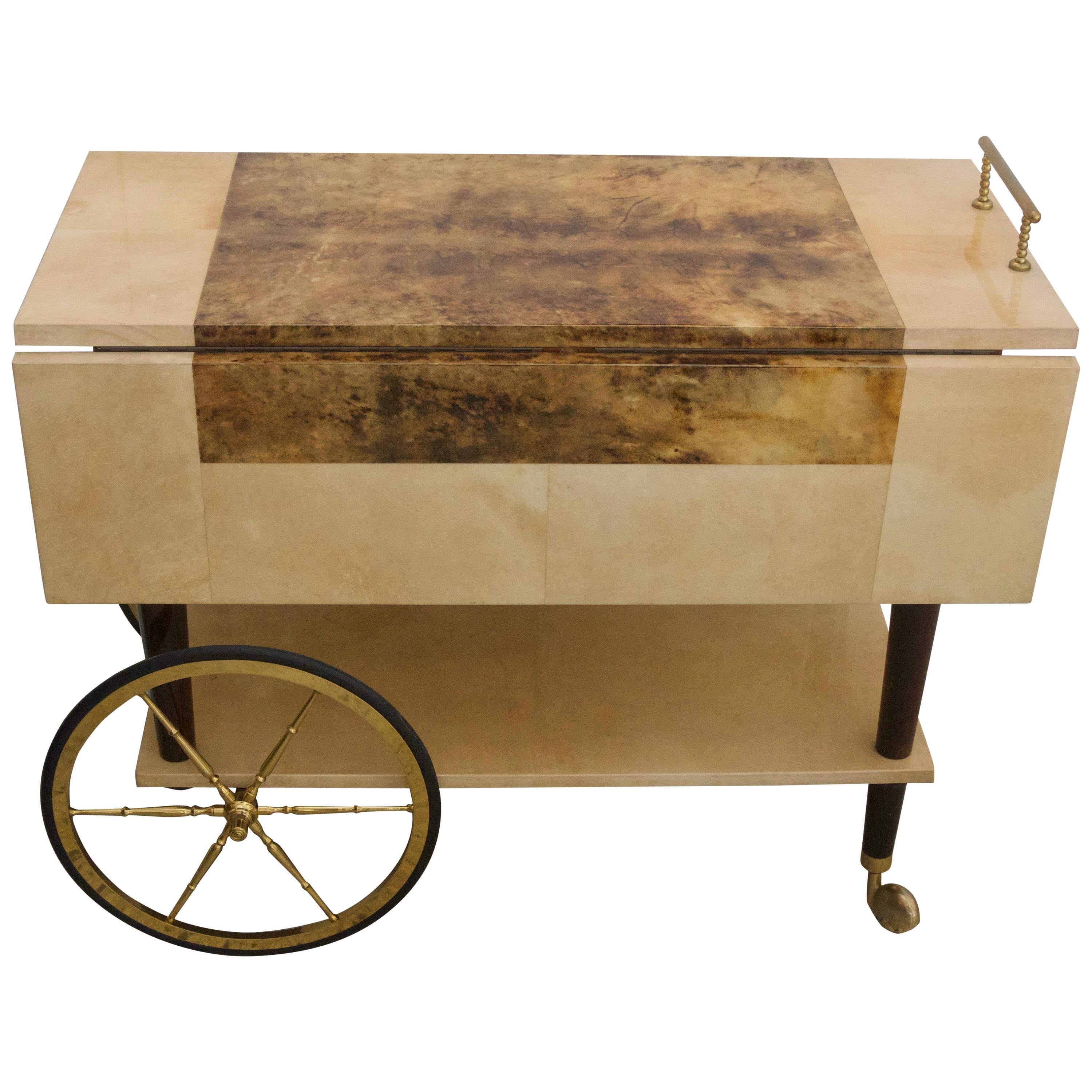 Bar Cart in Goatskin and Polished Brass