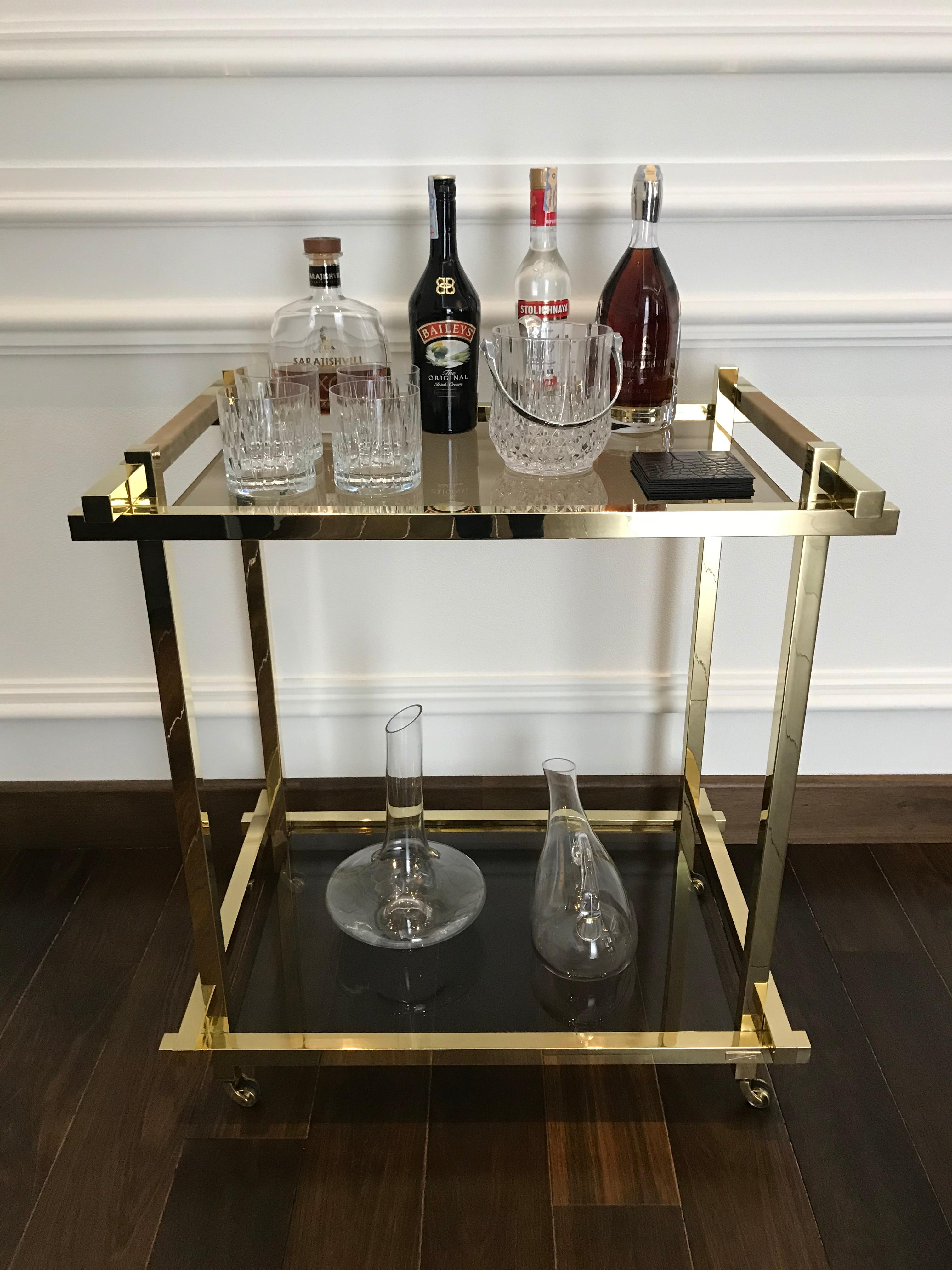 Contemporary Bar Cart in Hand Polished Brass and Nubuck Leather  For Sale