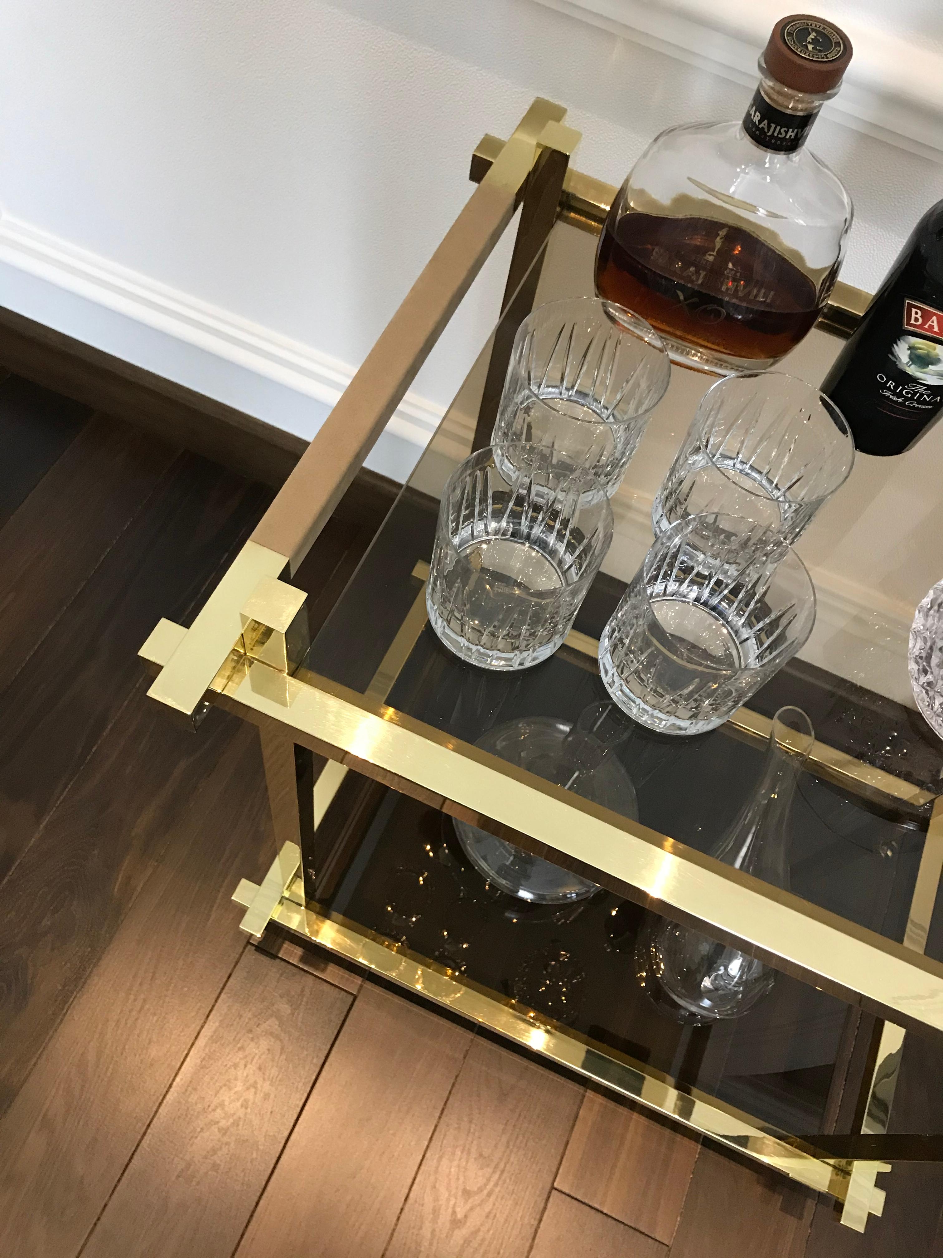 Bar Cart in Hand Polished Brass and Nubuck Leather  For Sale 1