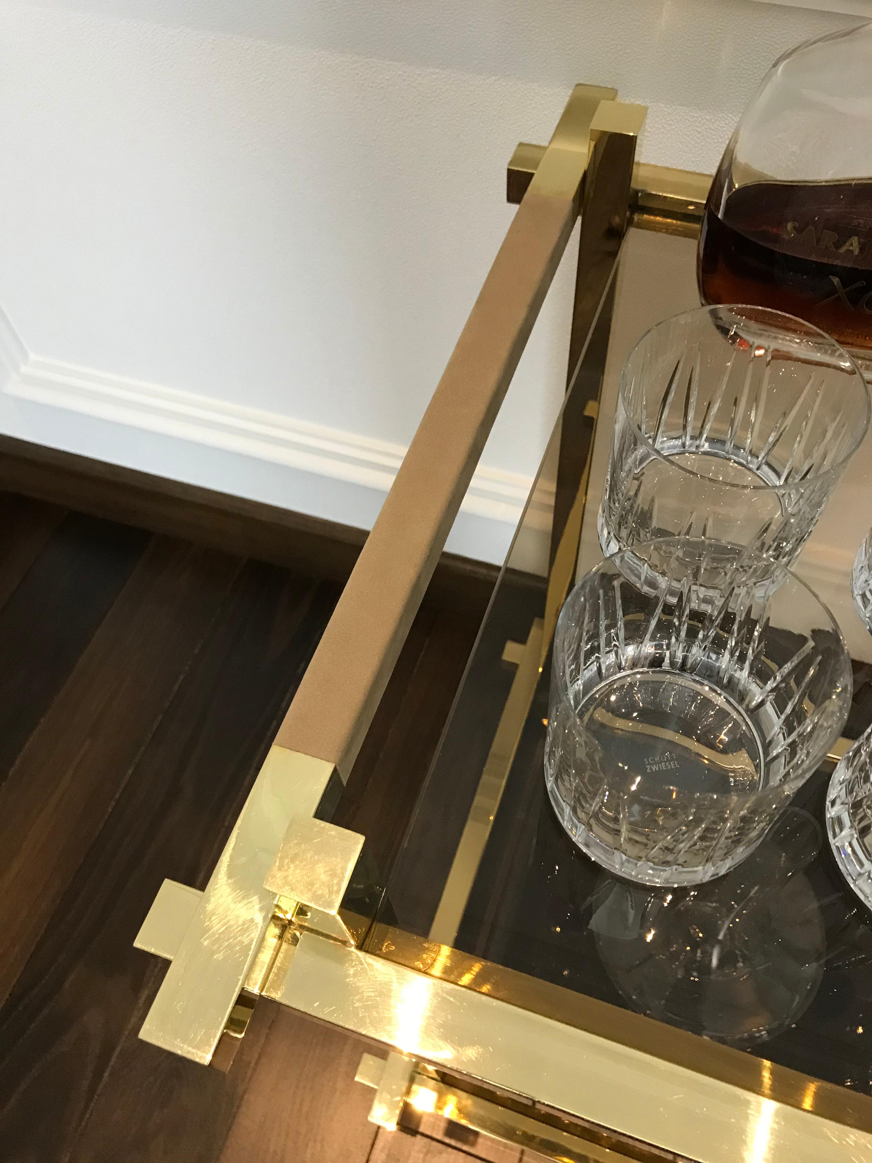 Bar Cart in Hand Polished Brass and Nubuck Leather  For Sale 2