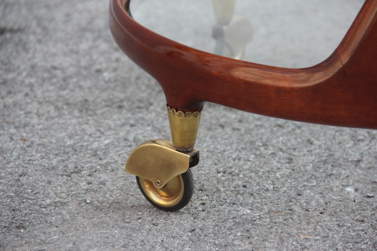 Mid-century Round Bar Cart in Mahogany  Italian design 1950s Brass Parts 5