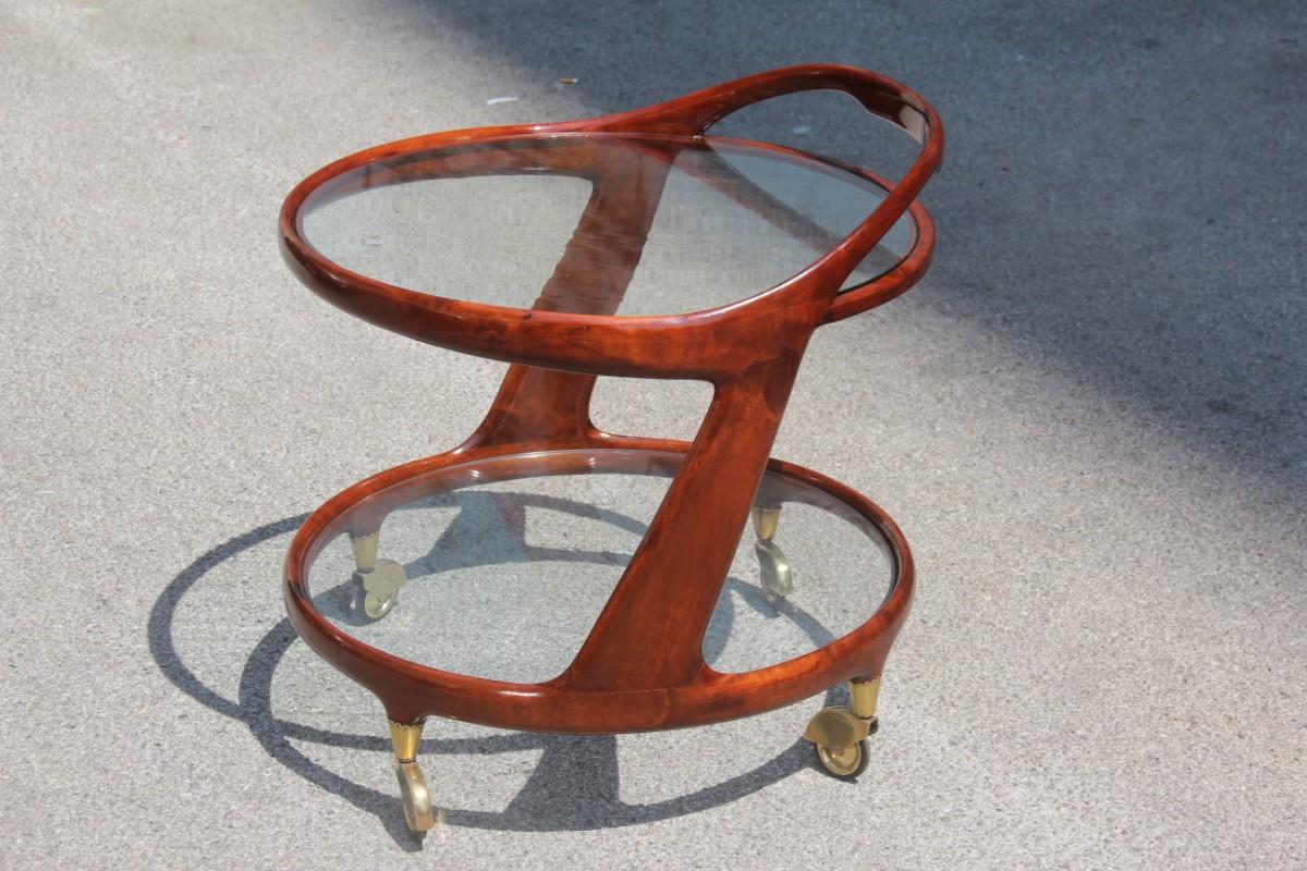 Mid-century Round Bar Cart in Mahogany  Italian design 1950s Brass Parts 6