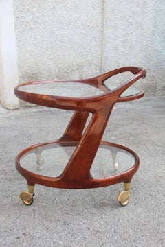 Mid-century Round Bar Cart in Mahogany  Italian design 1950s Brass Parts