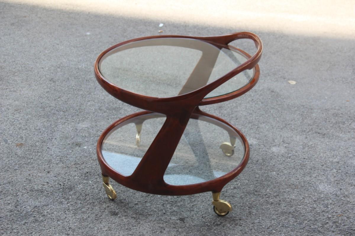 Mid-century Round Bar Cart in Mahogany  Italian design 1950s Brass Parts 2