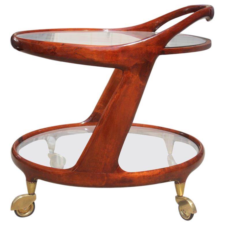 Mid-century Round Bar Cart in Mahogany  Italian design 1950s Brass Parts