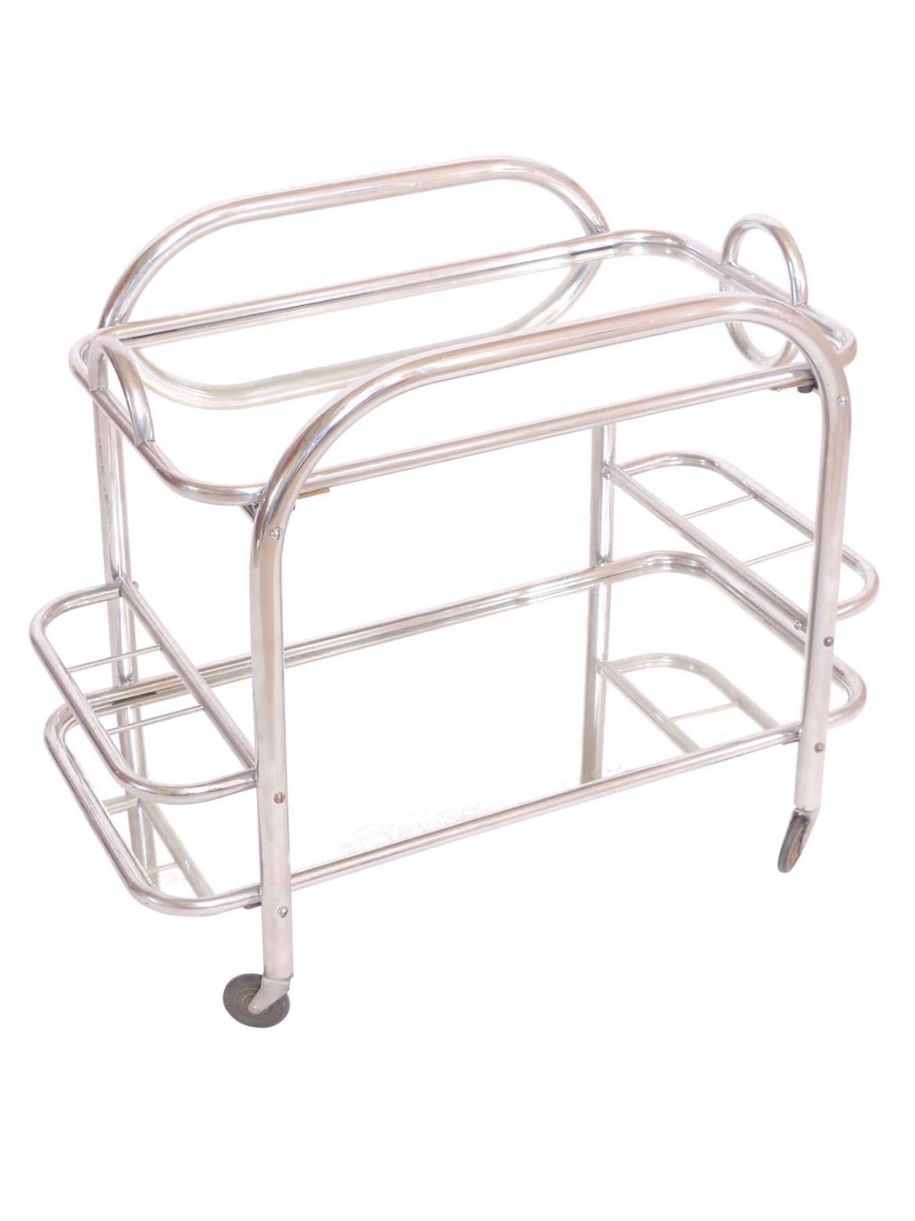 French Bar Cart in original Chrome with Mirrors and removable Tray Art Deco 1930s For Sale