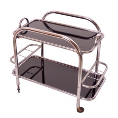 Bar Cart in Original Chrome with Removable Tray and Black Glass Art Deco, 1930s