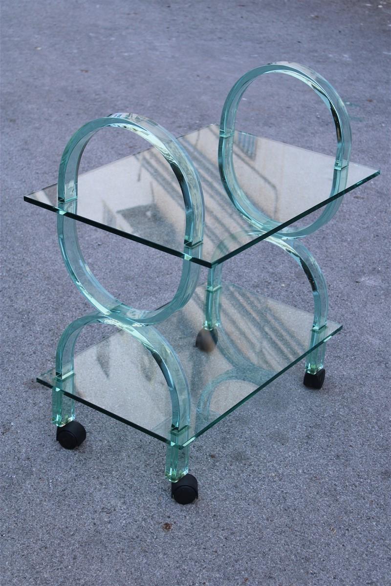 Bar cart Italian design curved solid glass green Fiam, 1980s.