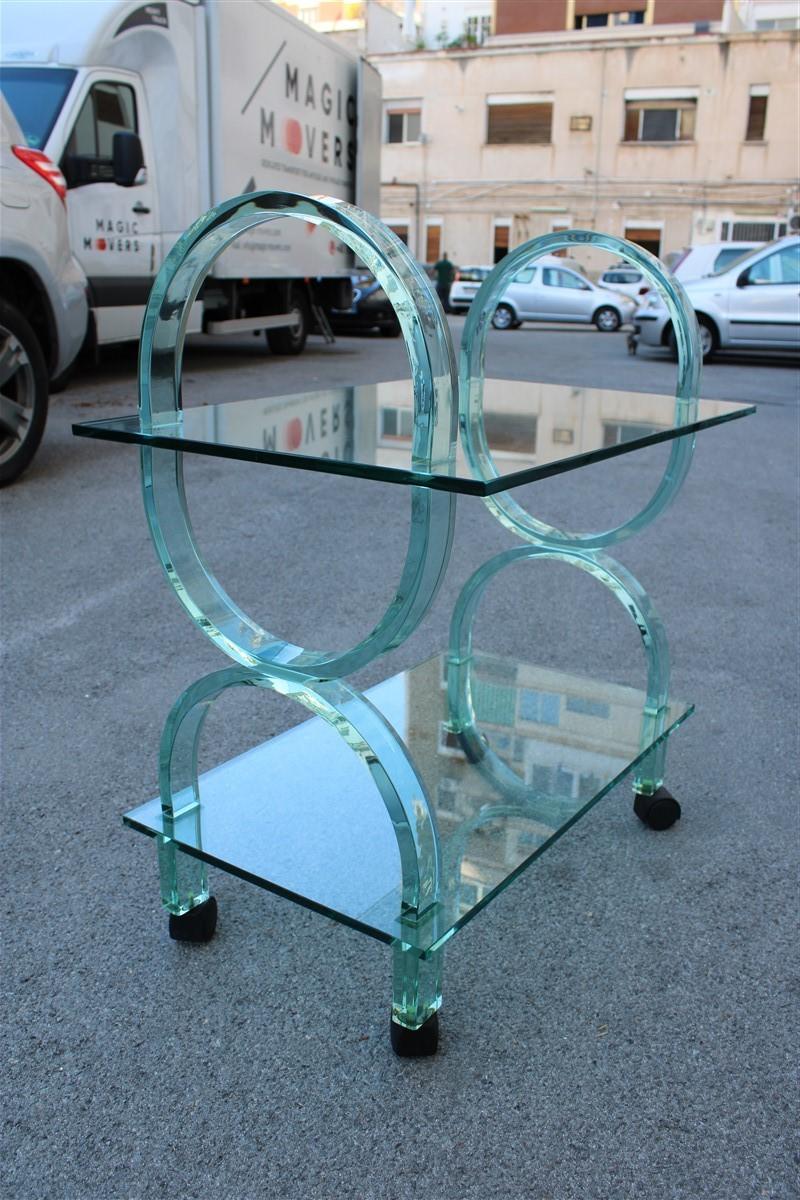 Bar Cart Italian Design Curved Solid Glass Green Fiam, 1980s 1