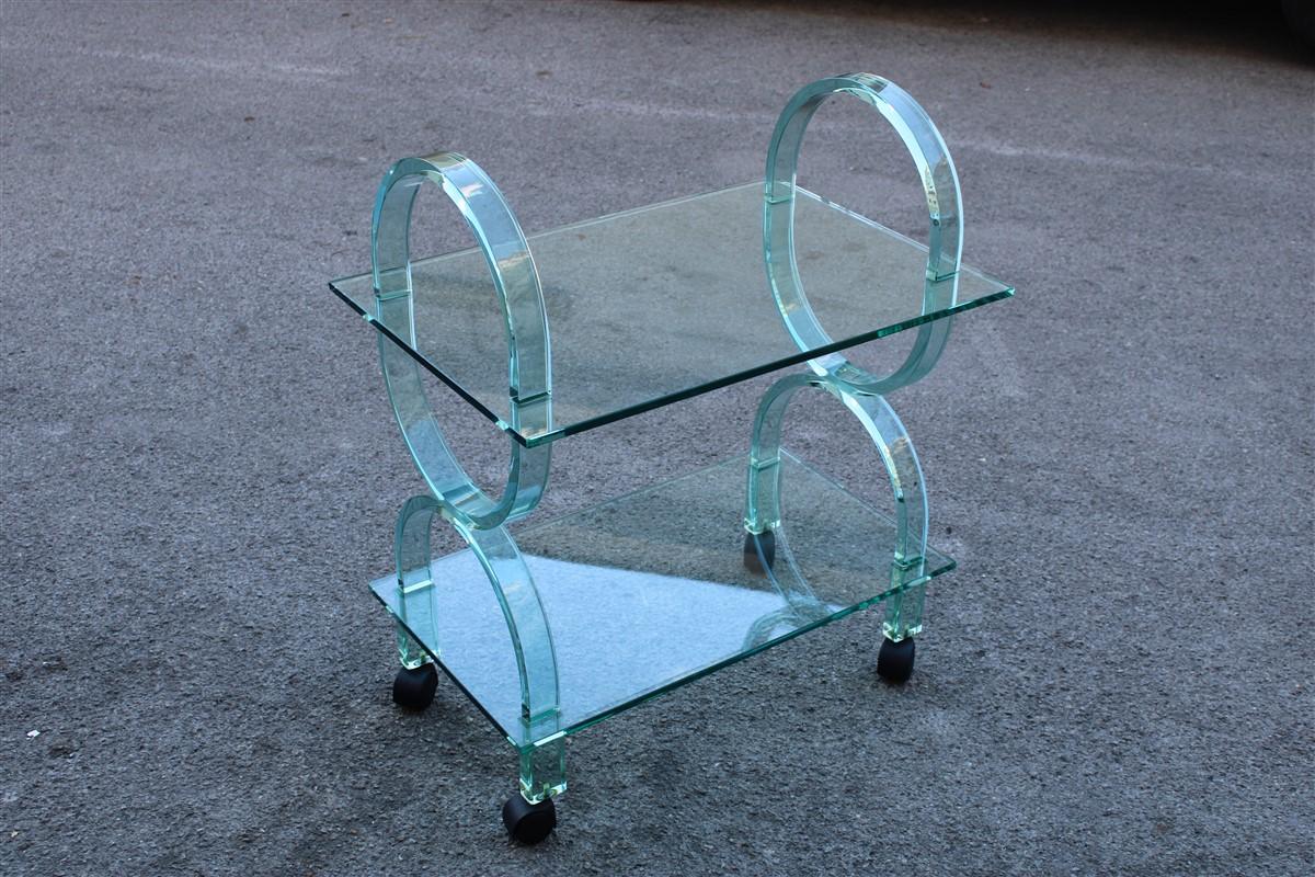 Bar Cart Italian Design Curved Solid Glass Green Fiam, 1980s 2